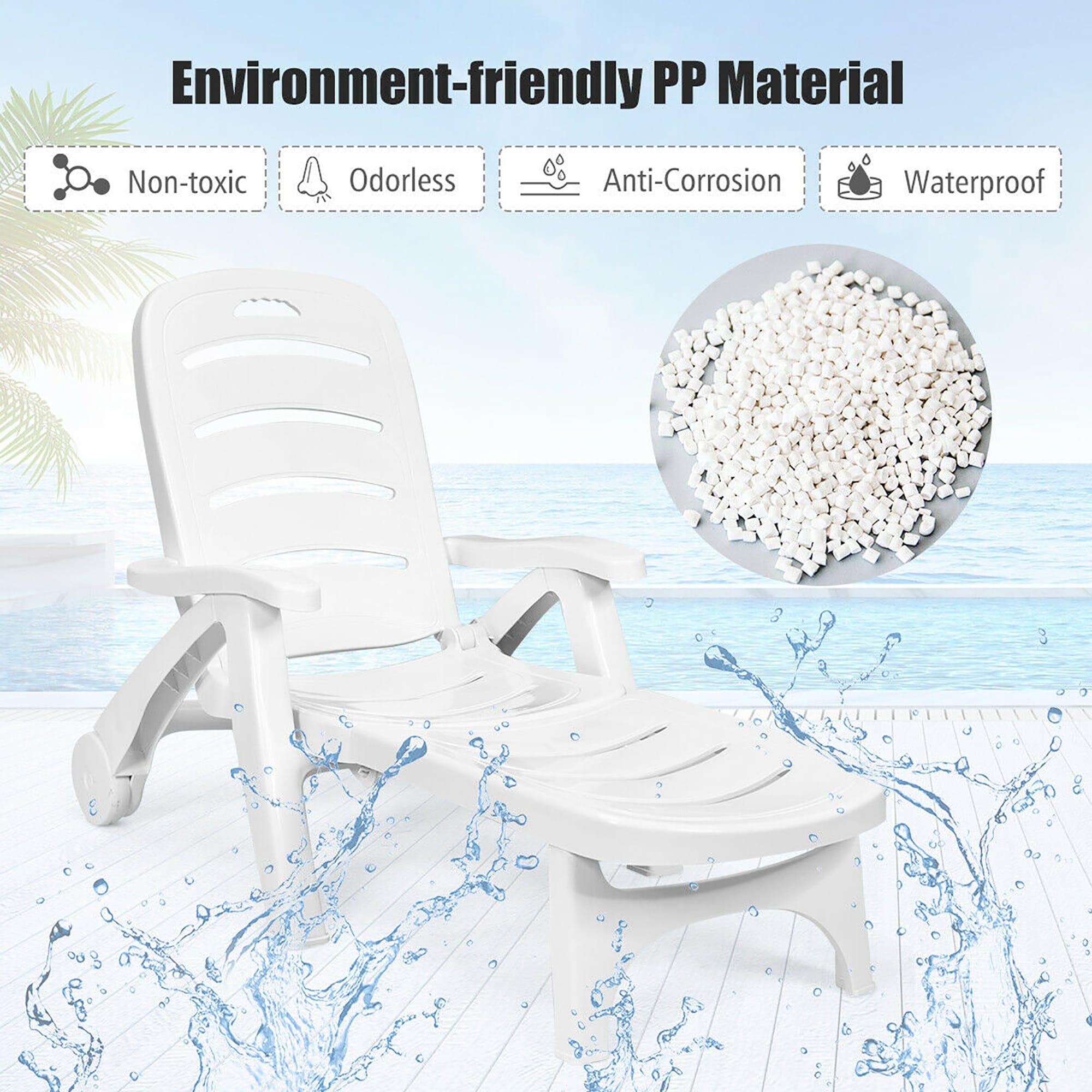 White Adjustable Folding Chaise Lounge Chair with Wheels