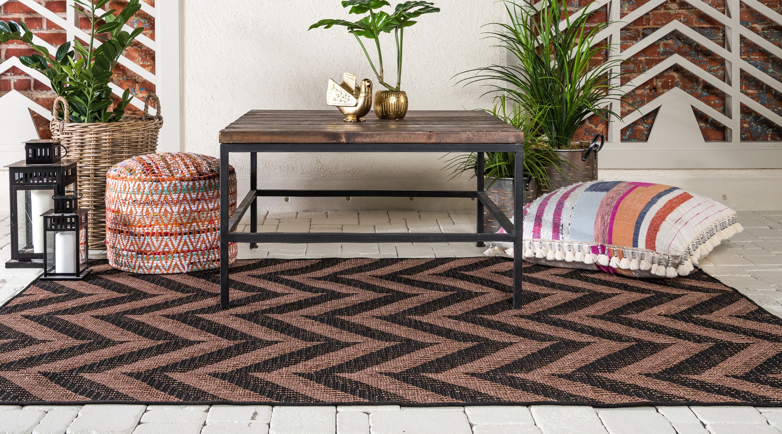 Chevron Pattern Black and Brown Synthetic Outdoor Area Rug