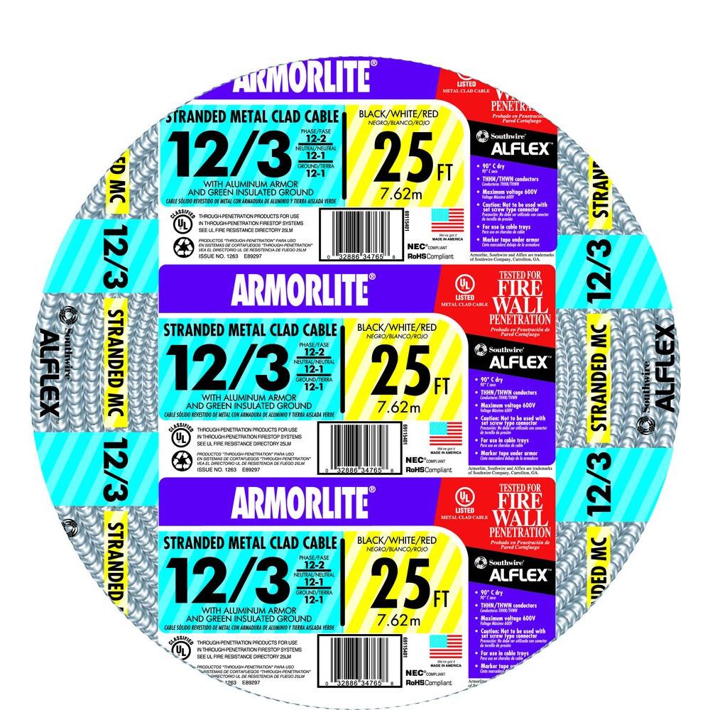 Southwire 69115421 Armorlite 25-ft 12 / 3 Stranded Aluminum MC (Metal Clad) Cable