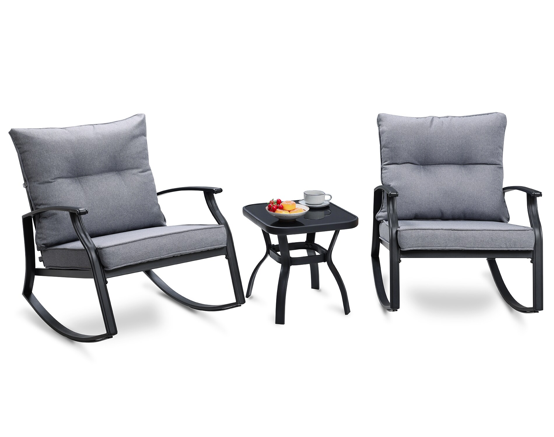 SOLAURA Outdoor Furniture 3 Piece Bistro Patio Dining Set Wrought Iron Frame Peacock Blue Cushions with Side Coffee Table 