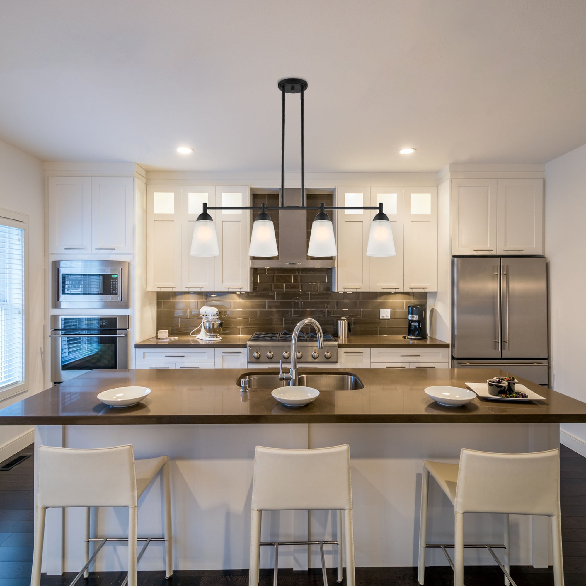 Malone 34" Matte Black Transitional Island Light with Frosted Glass