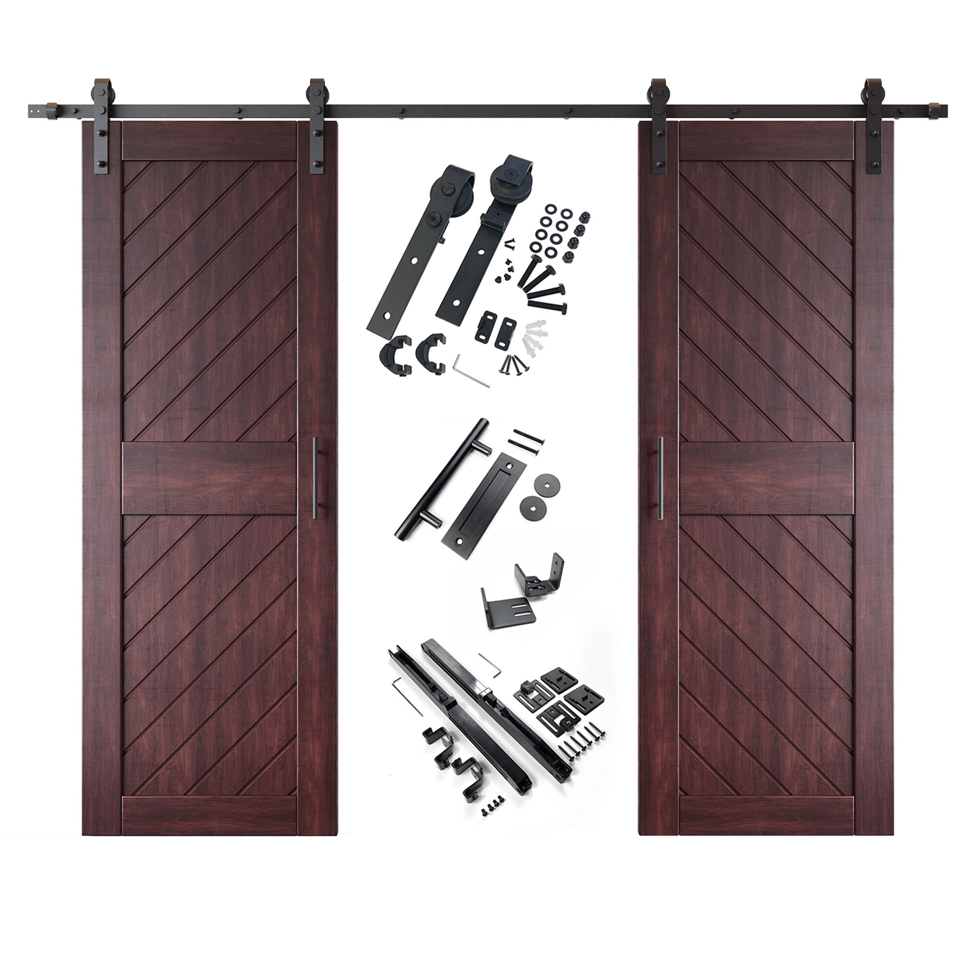 HOMACER YT2H132C-XT1-3084-RD 30-in x 84-in Red Mahogany Prefinished Non-standard Pine Wood Solid core Double Barn Door (Hardware Included)