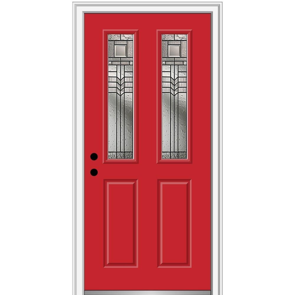 MMI DOOR ZZ3664548R 30-in x 80-in x 6-9/16-in Fiberglass Twin lite Right-hand inswing Red Saffron Painted Prehung Front Door with Brickmould Insulating core