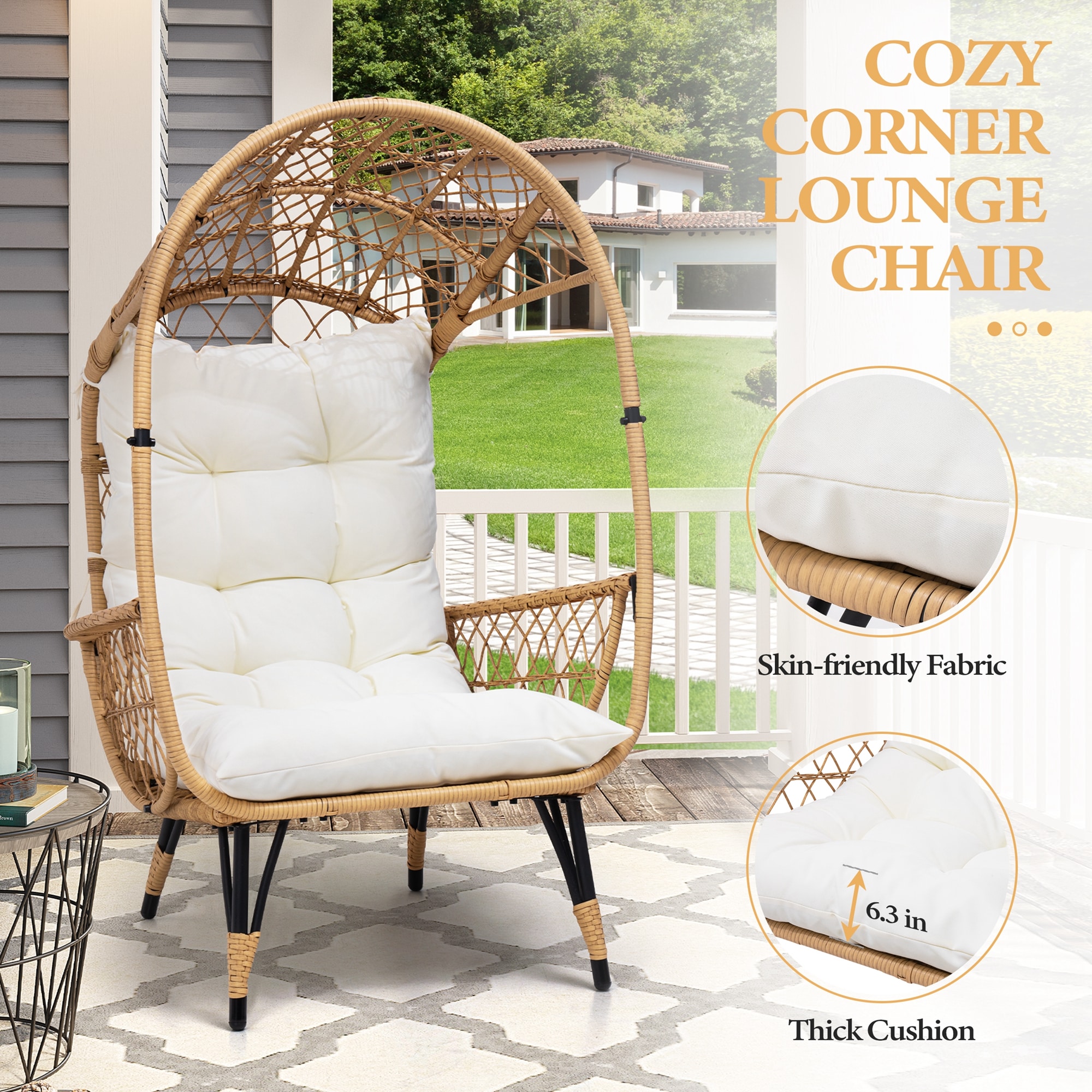 Crestlive Products Patio Wicker Egg Chair with Cushion (Beige) Rattan ...