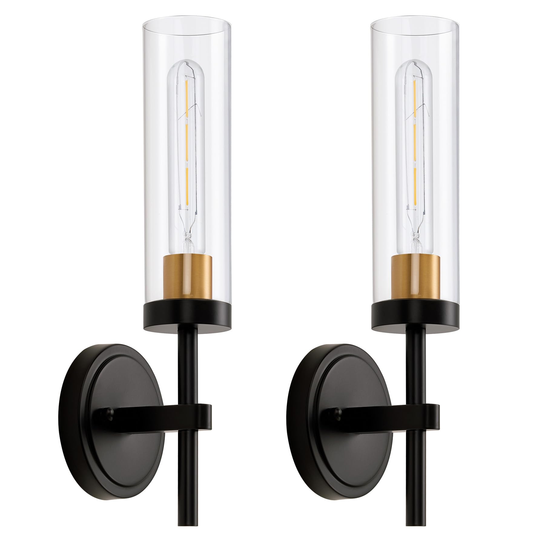 Lukvuzo  2 Pack Hardwired Black and Gold Wall Sconces with Clear Glass Shade Modern Farmhouse Vanity Light Fixture for Bathroom Bedroom Hallway