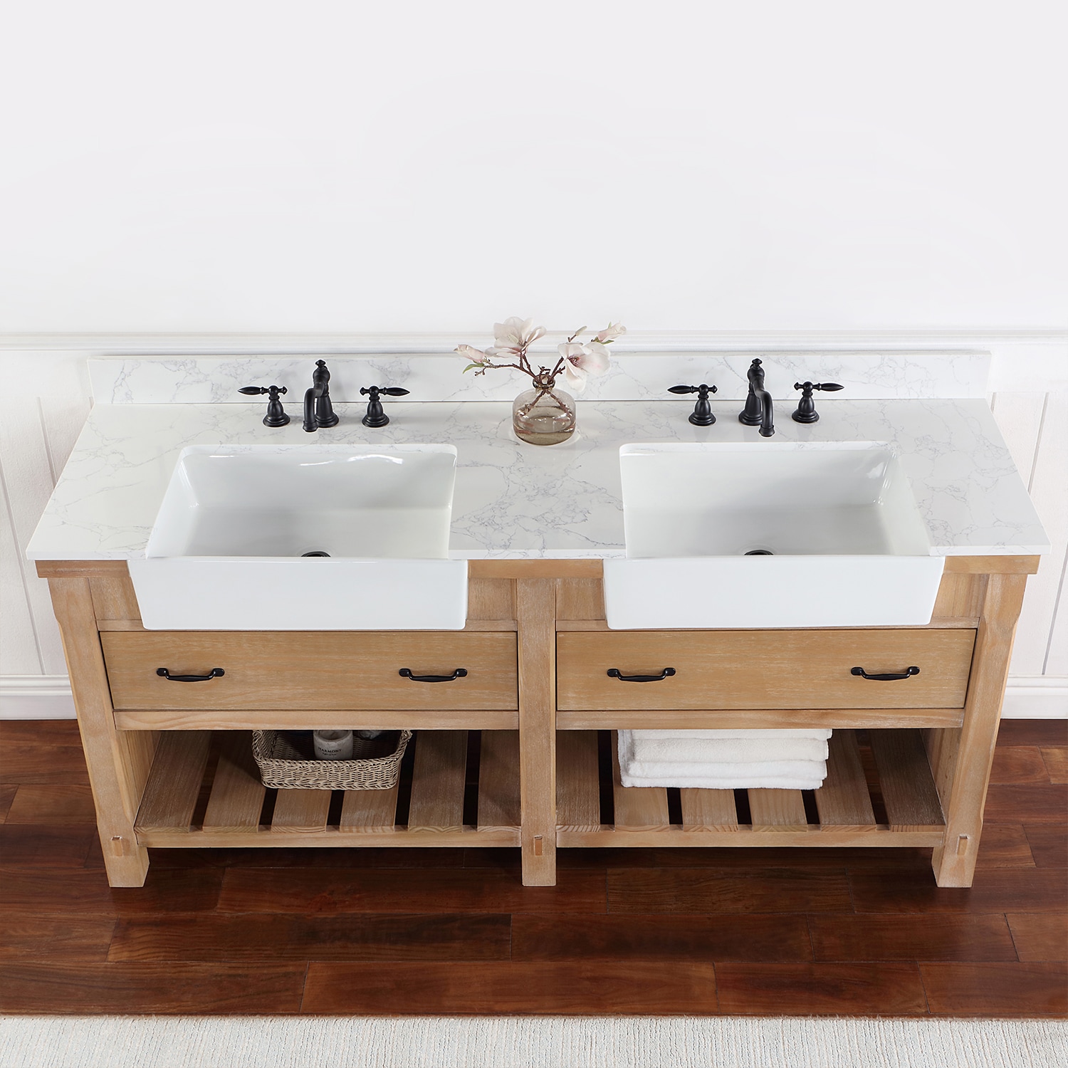 Weathered Pine Double Sink Vanity with White Stone Top