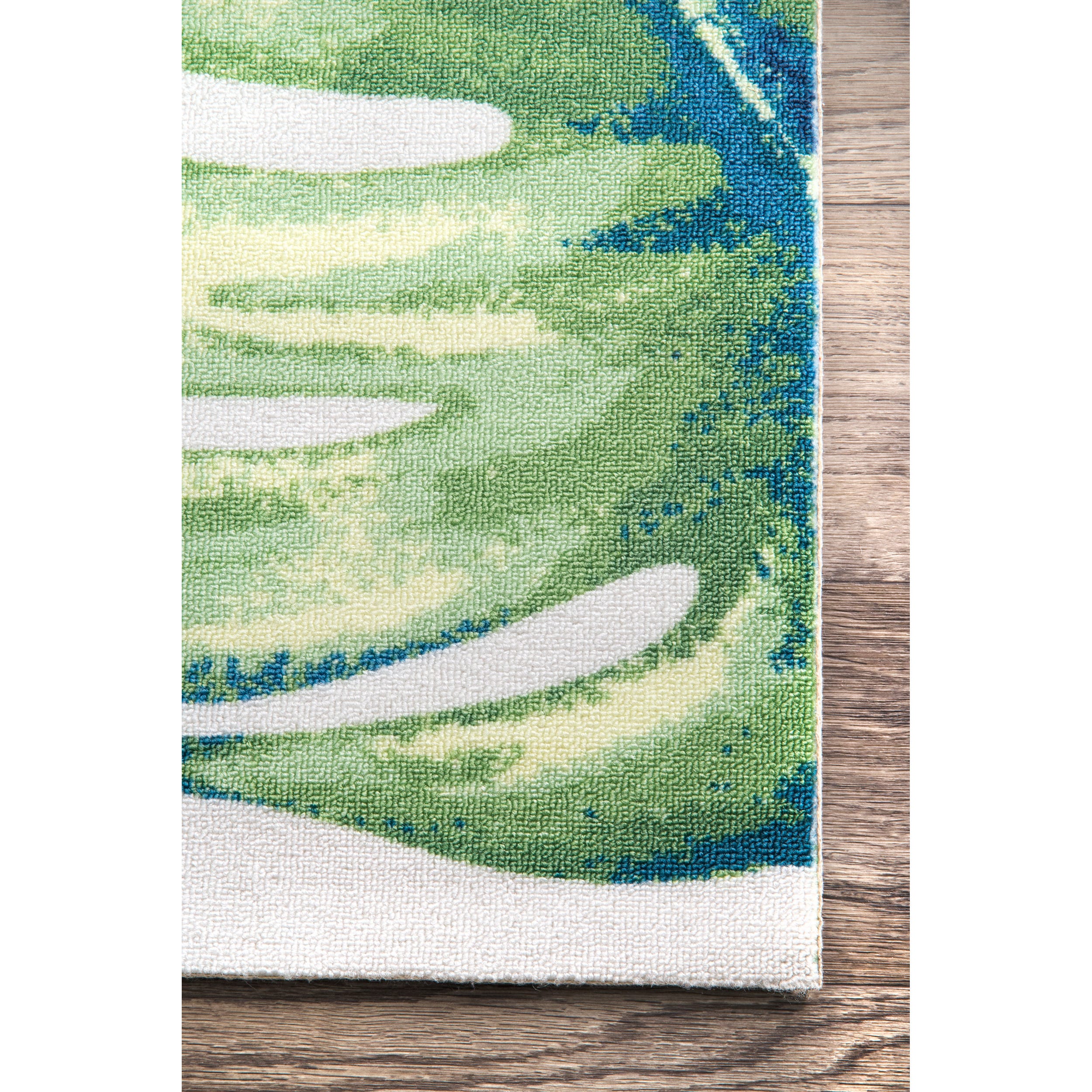 Tropical Breeze 6' Square Blue & Green Floral Synthetic Outdoor Rug