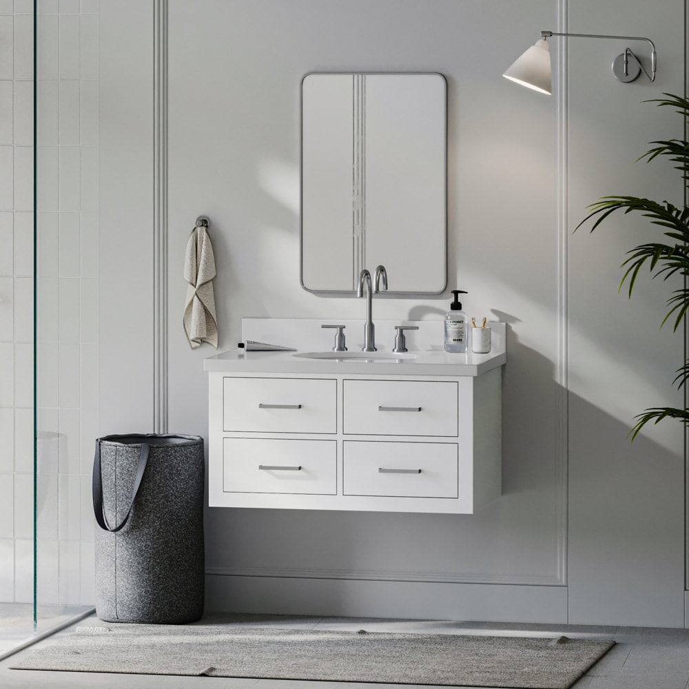 ARIEL W037SWQOVOWHT Hutton 37-in White Undermount Single Sink Floating Bathroom Vanity with White Quartz Top