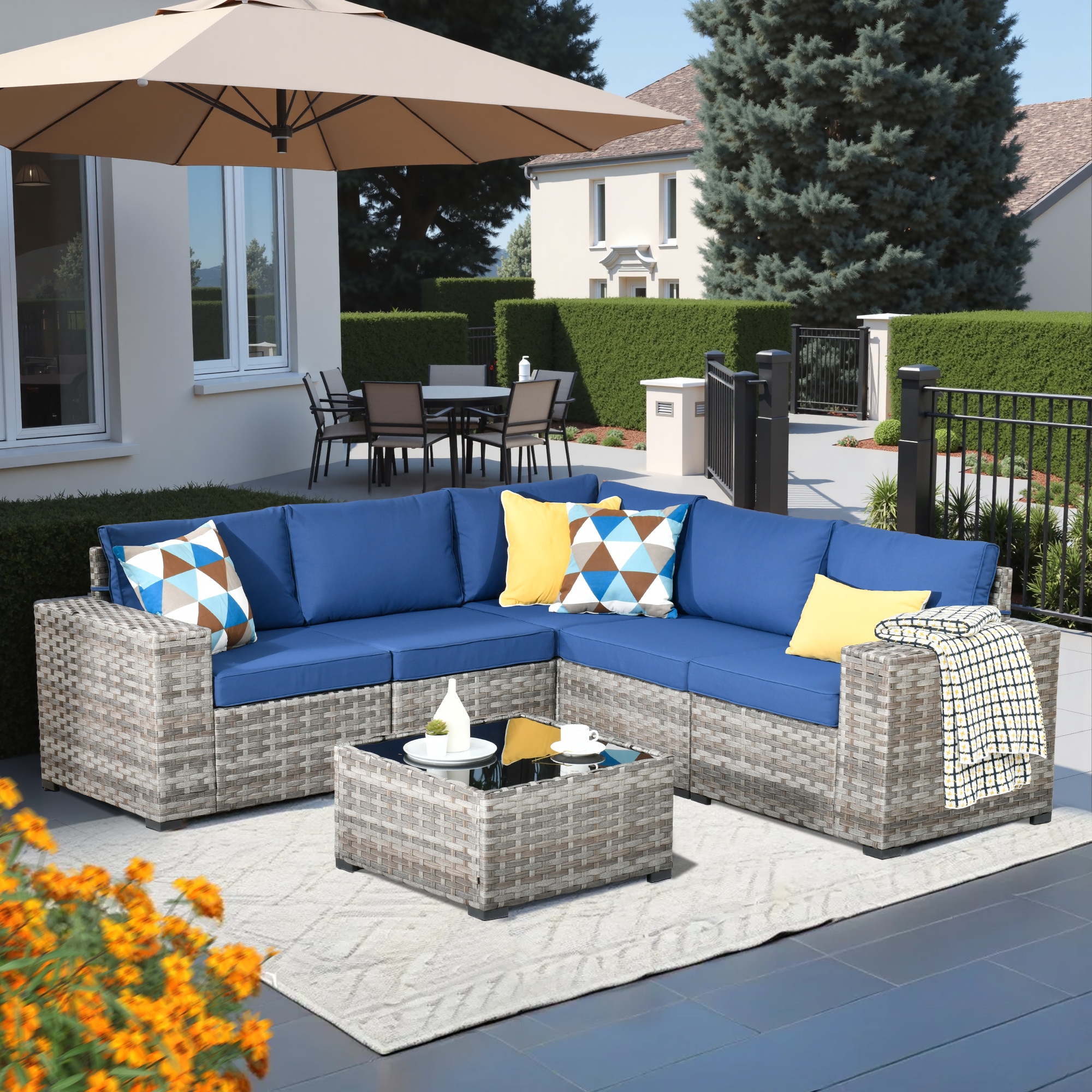 Pouuin SBBR706 Rattan Outdoor Sectional with Navy Cushions and Wicker Frame