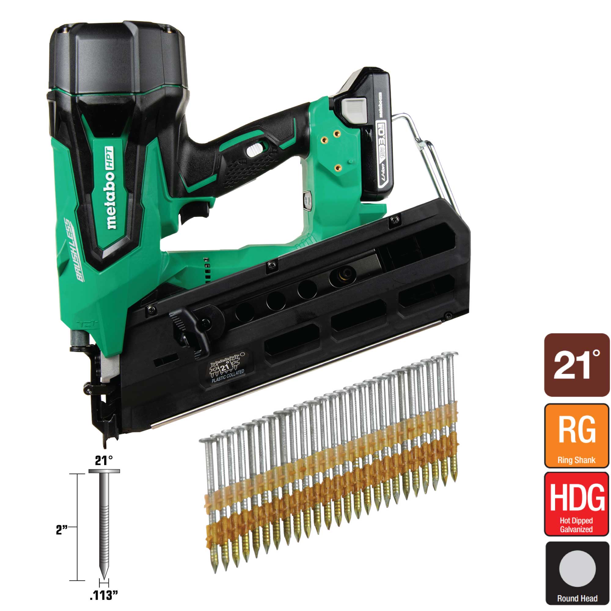 Metabo HPT 2-in 21-Gauge 21 Hot-Dipped Galvanized Steel Collated Framing Nails (1000-Pieces) with Metabo HPT 21-Degree 18-Volt Cordless Framing Nailer
