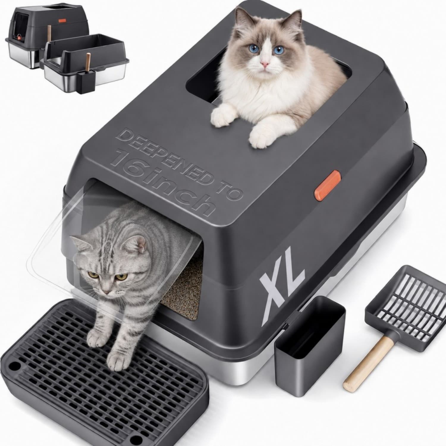 Gimars - XL 3 in 1 Stainless Steel Cat Litter Box with Lid Enclosed Semi Enclosed and Open Desig...
