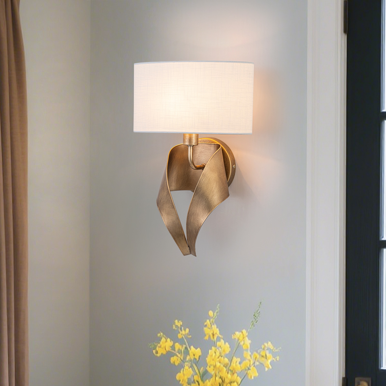 MENCOLULU Half Round Open Fabric Shade Wall Lighting 9.84-in W 2 -Light Gold Transitional Hardwired Dry Wall Sconce