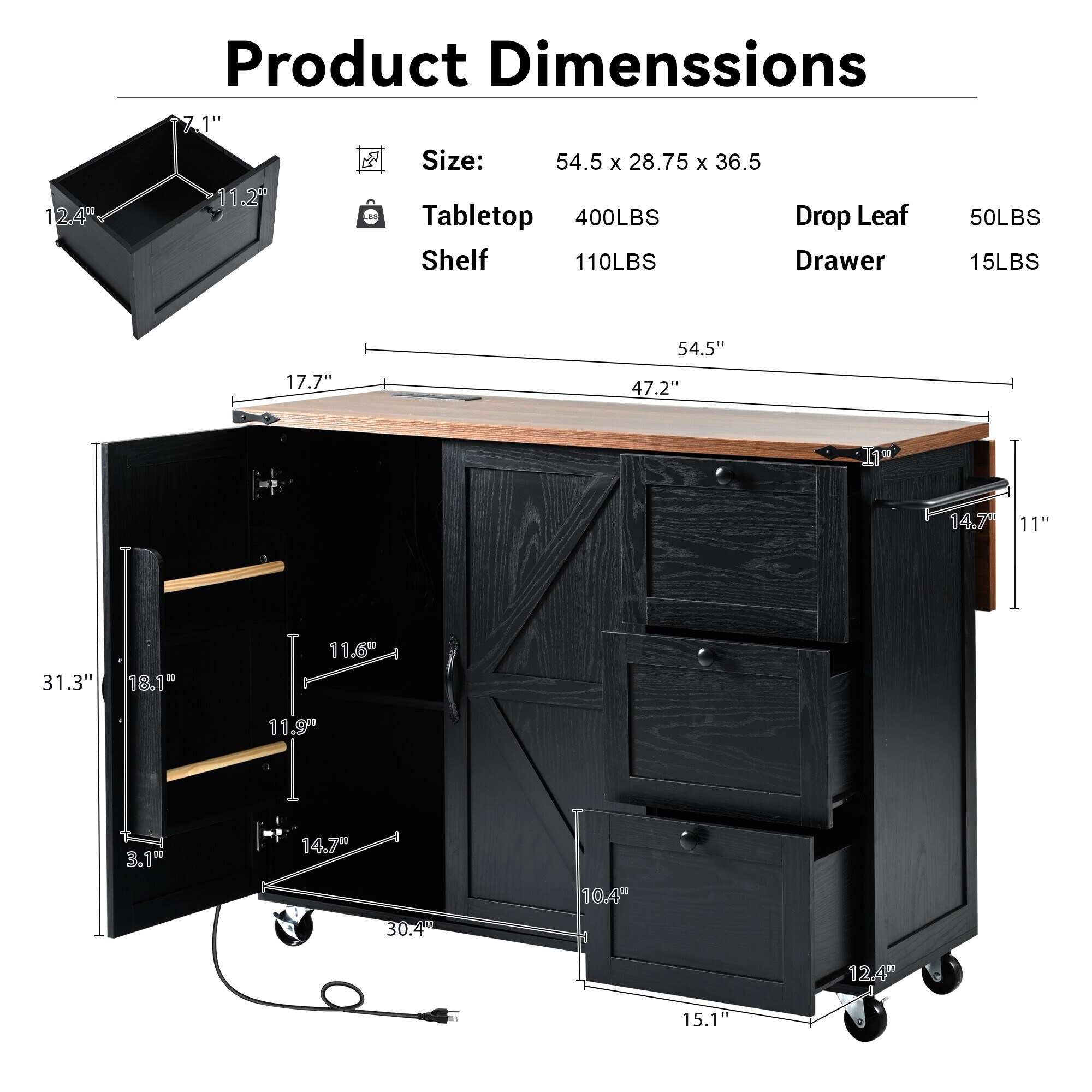 Product dimensions and features diagram with drawers and storage