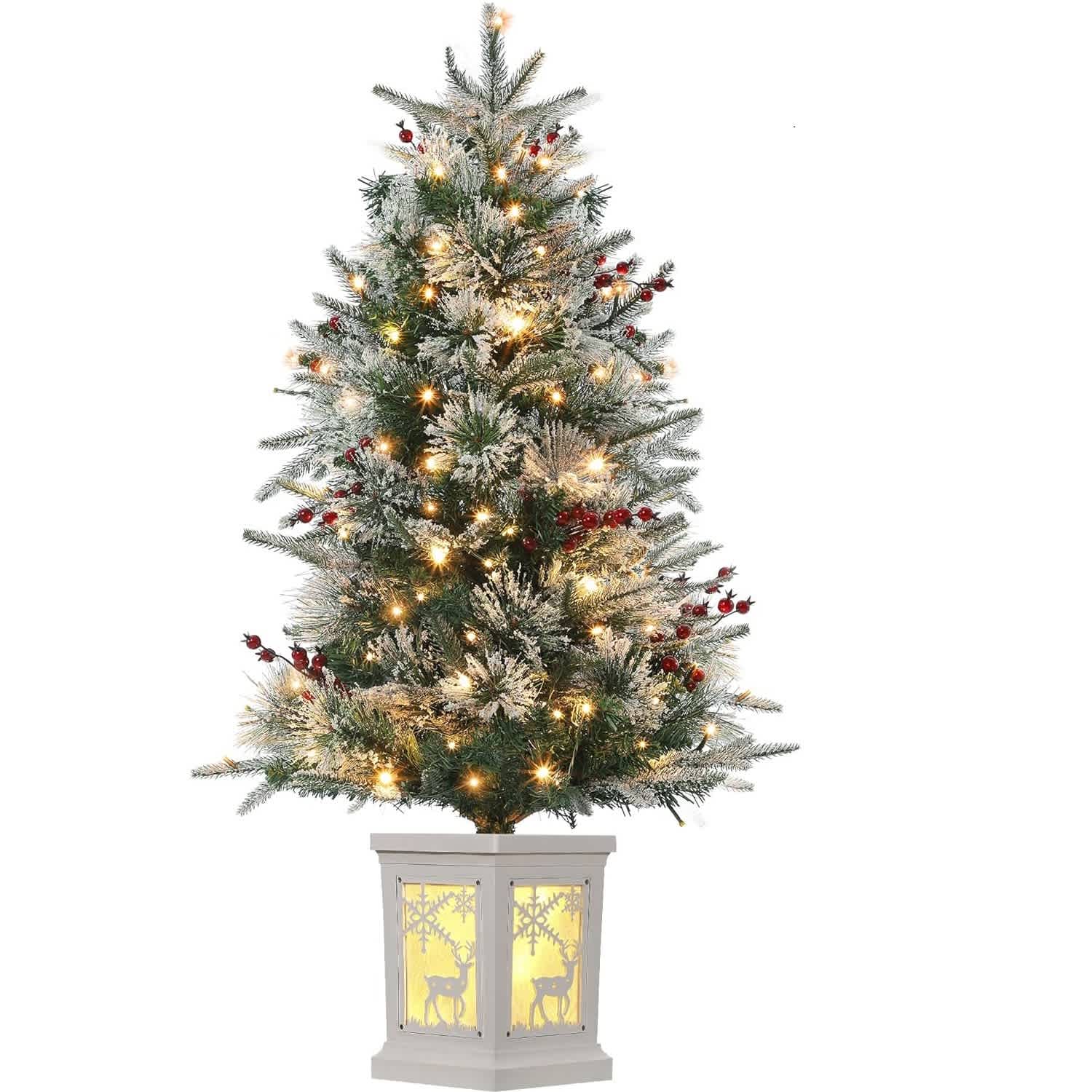 Qeetex DHZ-PHO-0WIPQJP5 Small Christmas Tree with Lights 4 Ft 4 Foot Christmas Tree Pre lit with 100 LED Lights 4 Ft Christmas Tree Prelit with Red Berries Clusters and Hinged Branches