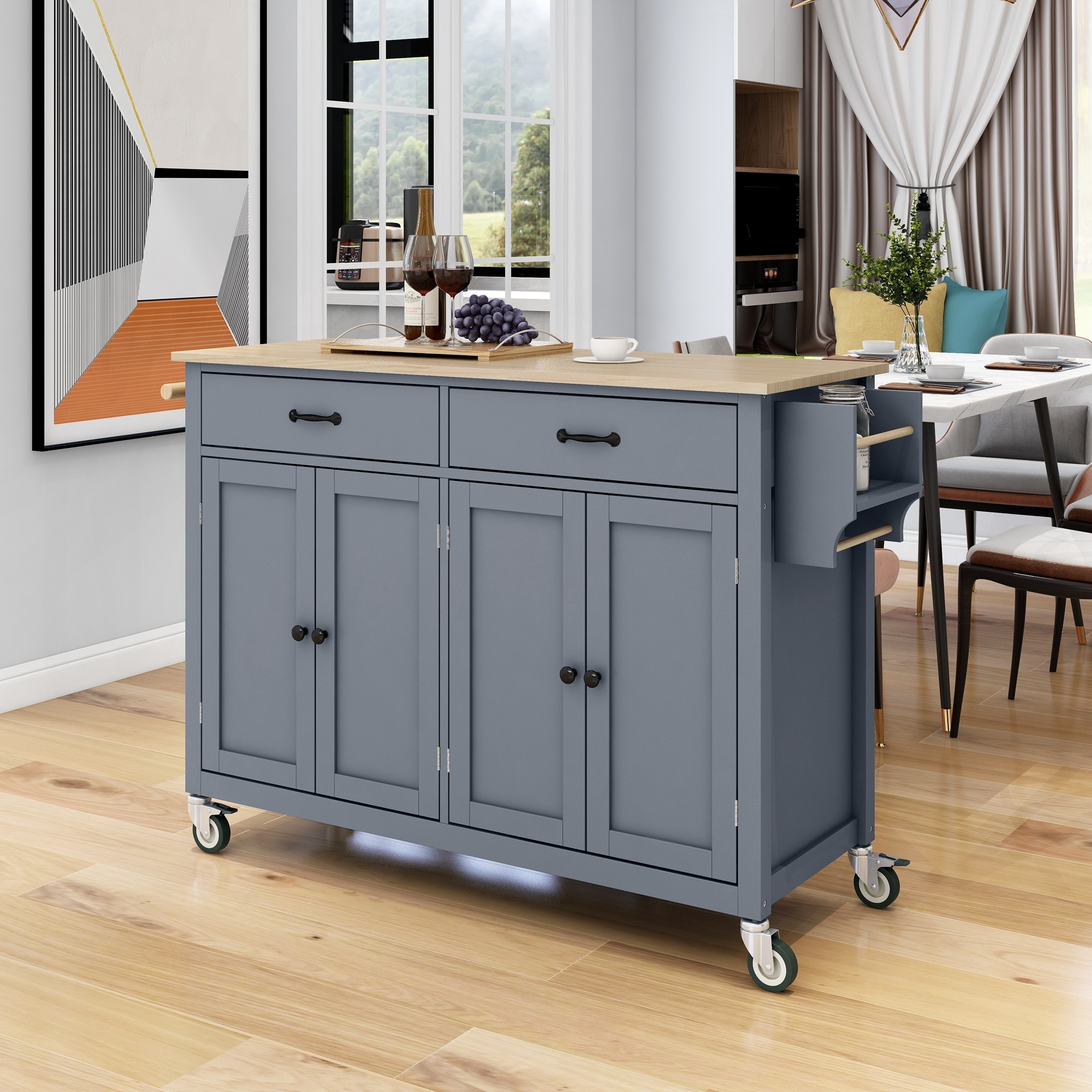 LOVMOR SF-M-WF286911AAG Kitchen Island Cart with Solid Wood Top and Locking Wheels 54.3 Inch Width 4 Door Cabinet and Two Drawers Spice Rack Towel Rack Grey Blue