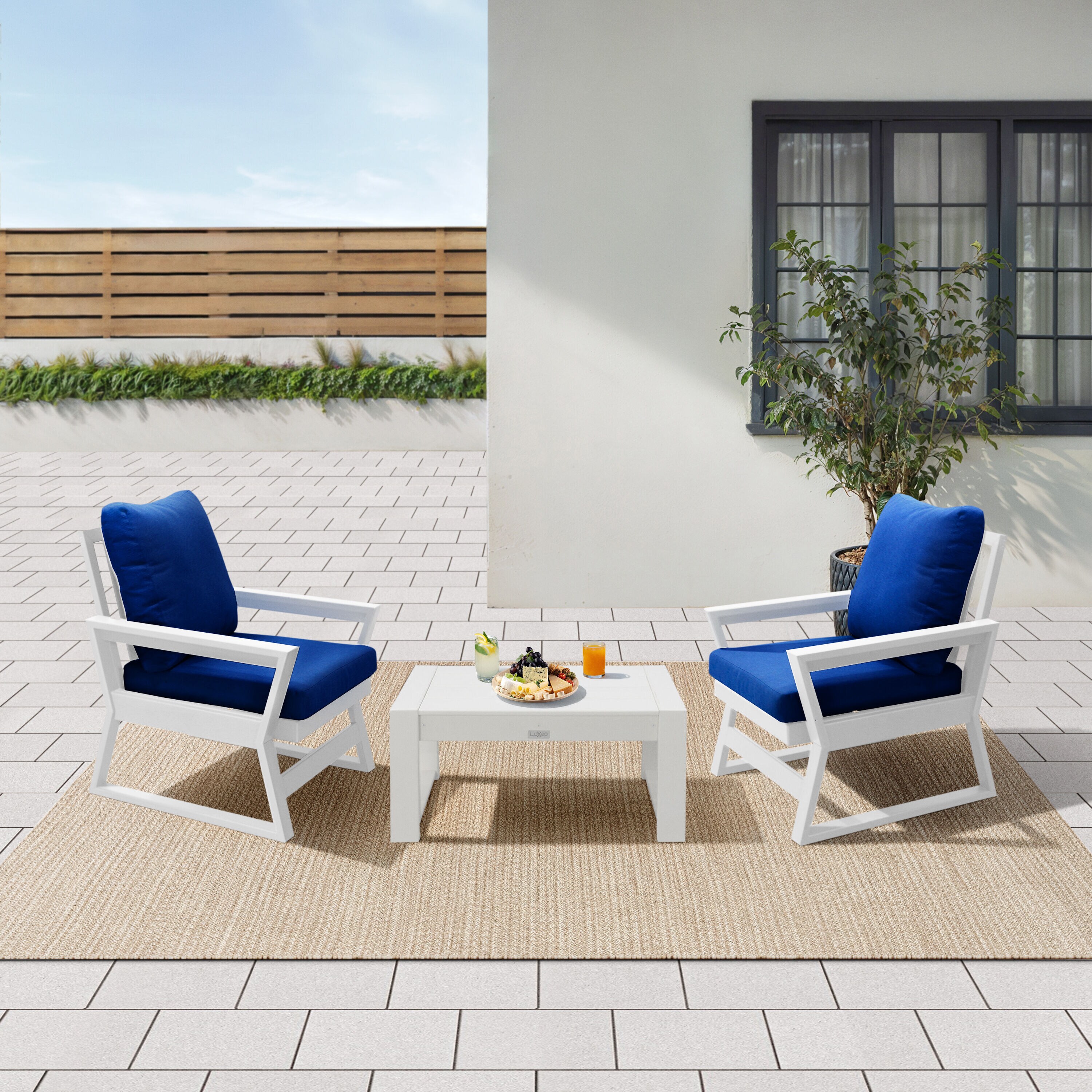 LuXeo LUX-1569-WHT3 Malibu, 3-Piece 3 -Piece Patio Conversation Set with Blue Cushions