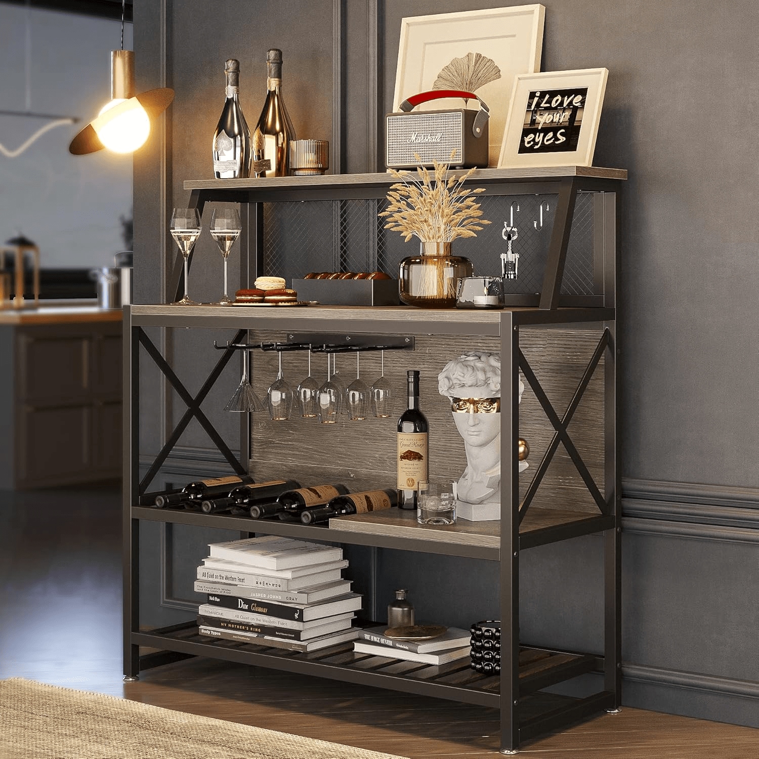 Bestier LOW-C051E-RGOD 39.37-in W 4-Shelf Gray Wine Bar Table Cabinet with Hook
