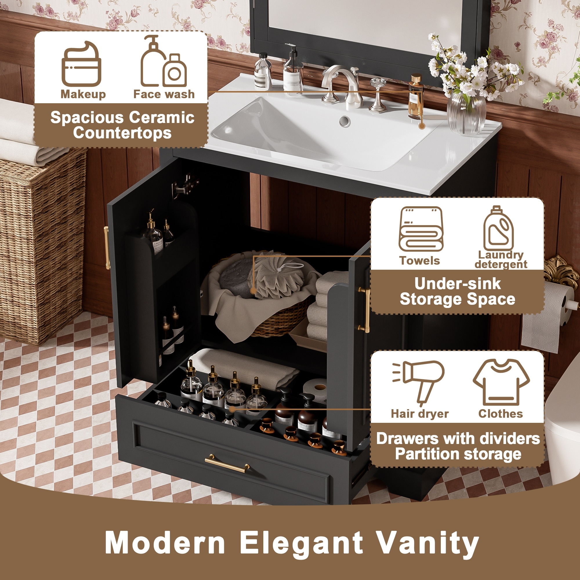 HyperDrop Cart 30 Inch Bathroom Vanity with Sink MDF and Solid Wood ...