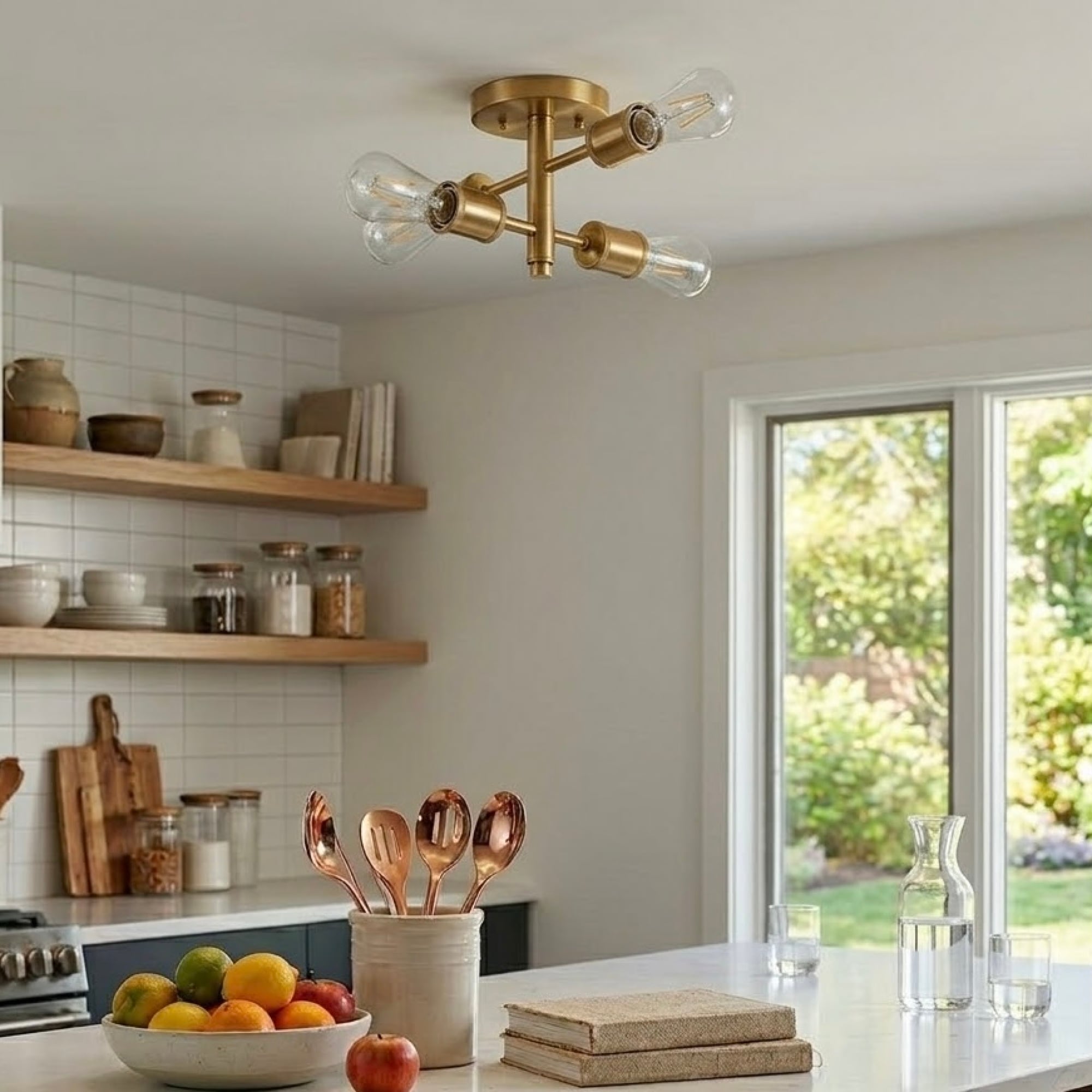 Roomfitters  Four Lights Semi Flush Mount Retro Hallway Kitchen Bedroom Living Room Ceiling Pendant Gold