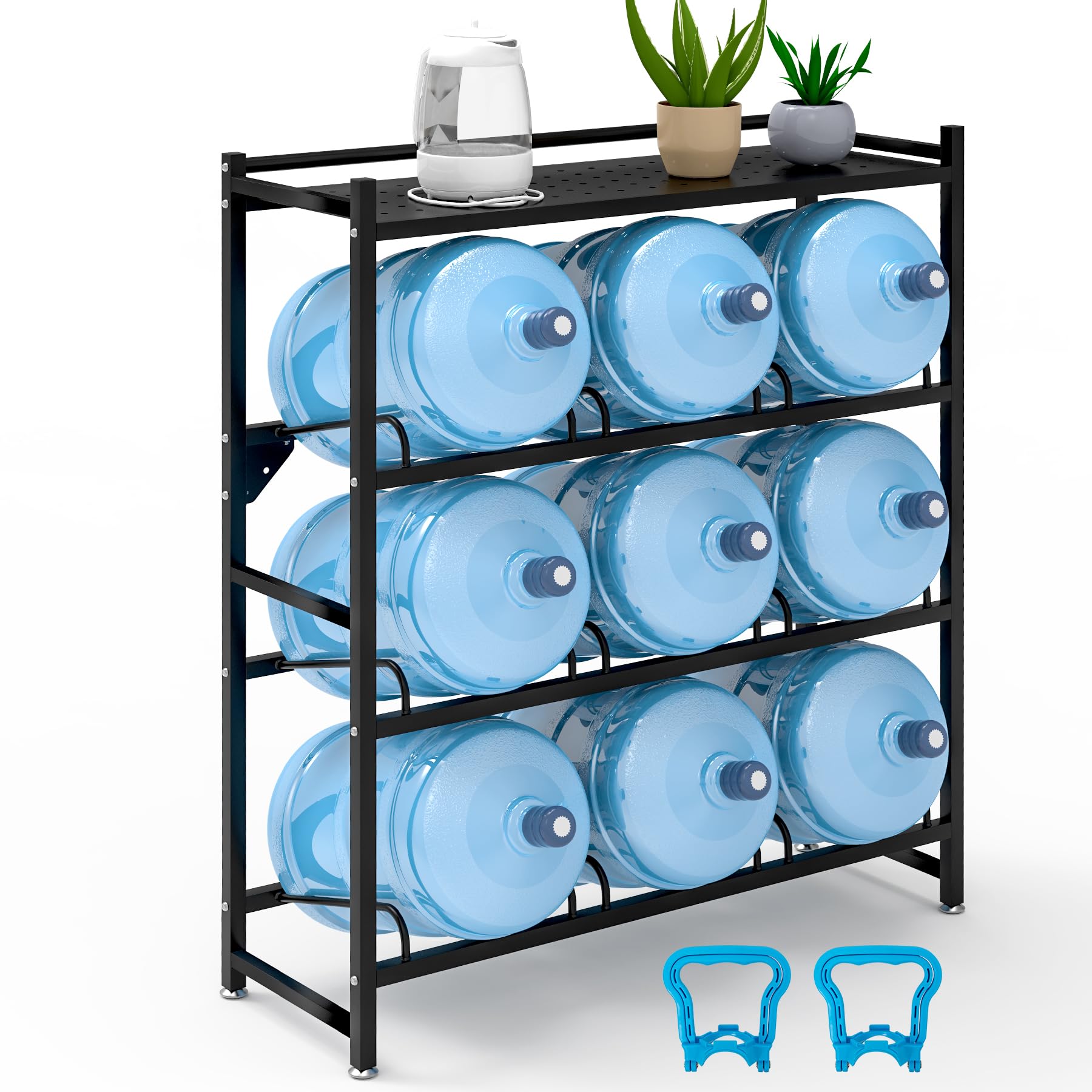 AOIZGMY  5 Gallon Water Jug Holder Heavy Duty 4 Tier Water Jug Rack with Top Shelf Wall Mount Water Bottle Holder for 9 Bottles Powder Coated