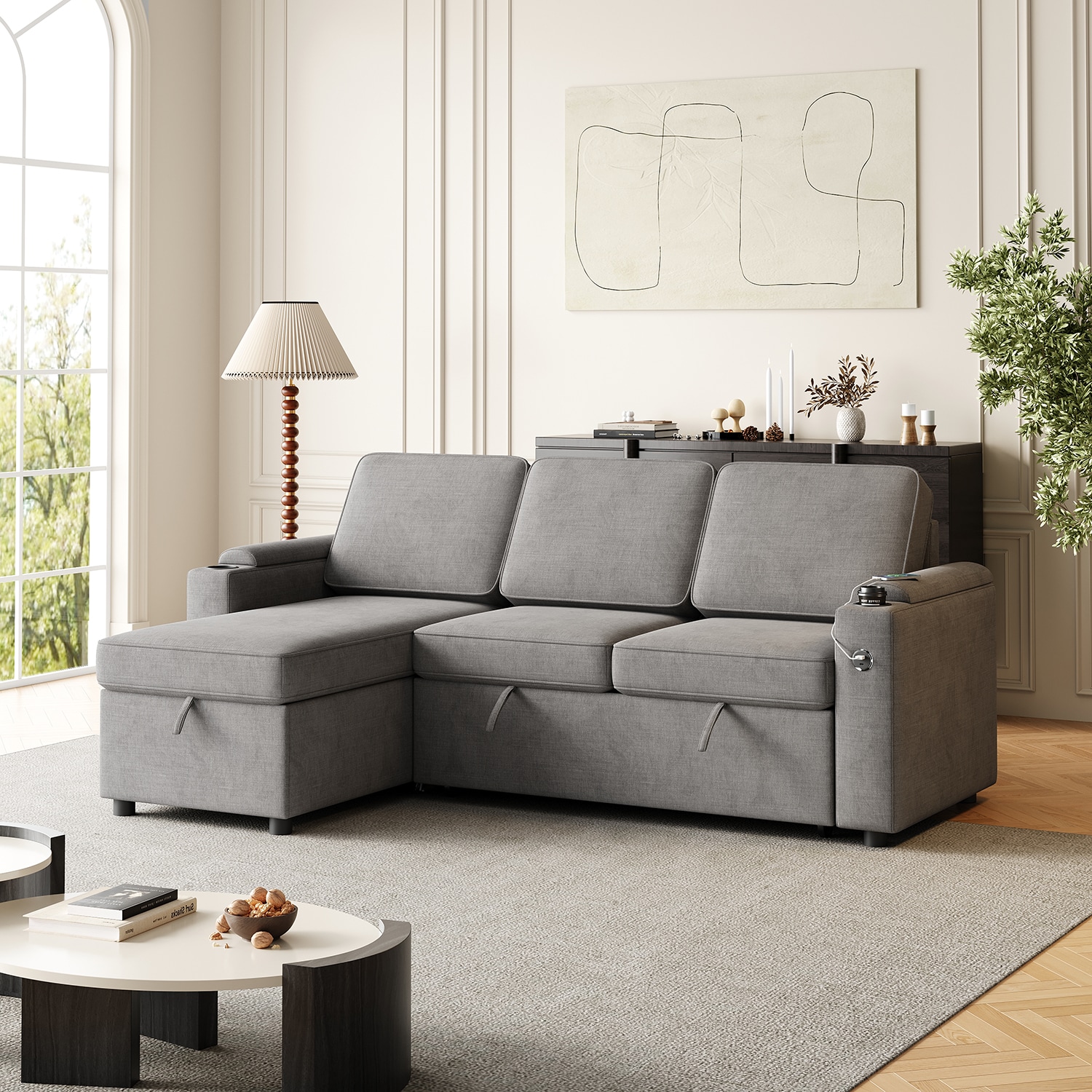 GZMR GZ-9S00083 Reclining Pull-Out Modular Sectional Sofa Bed with Storage 85.8-in Modern Dark Gray 3 -seater Reclining Sleeper