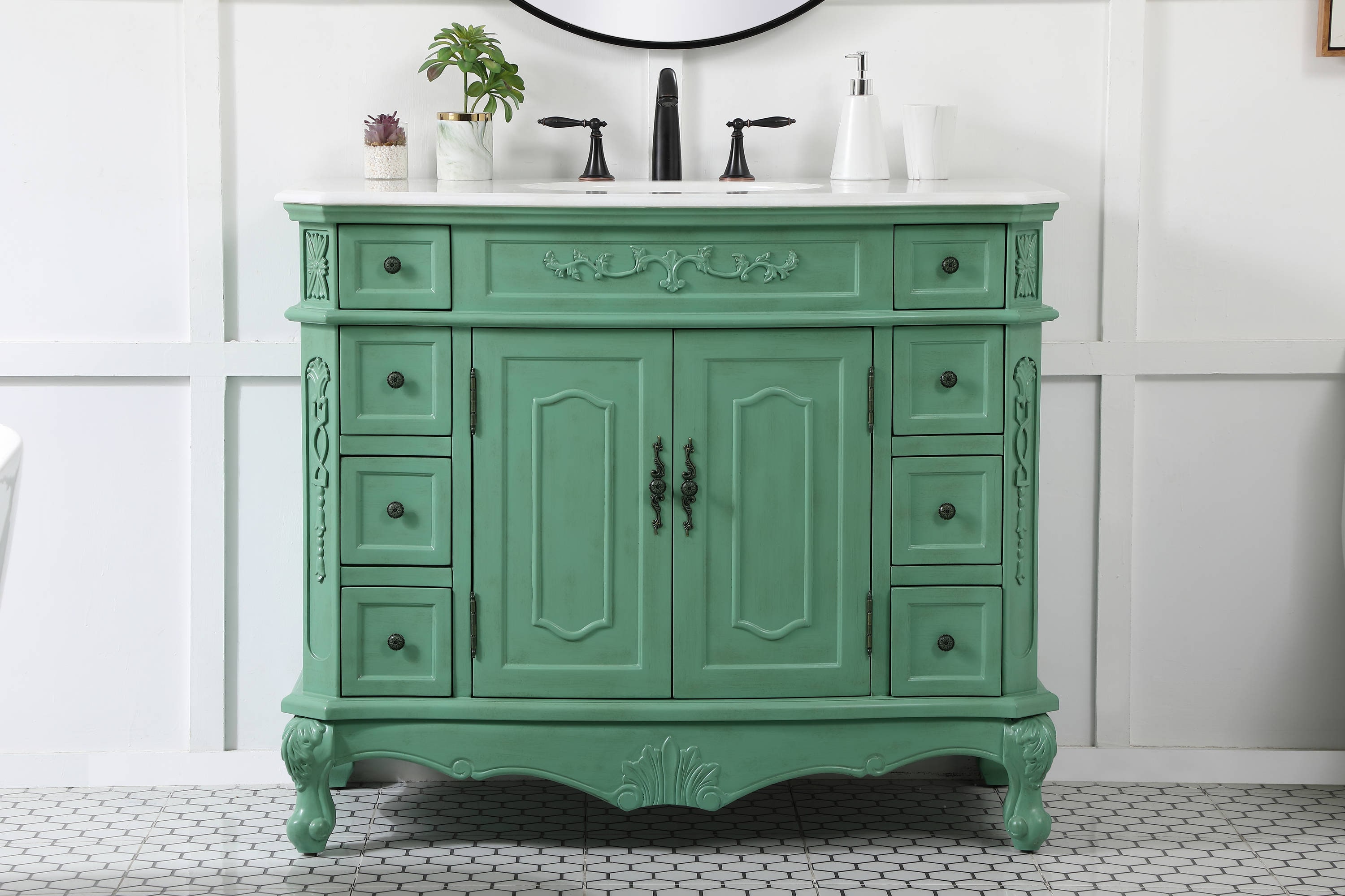 Vintage Mint Solid Wood Single Bathroom Vanity with Marble Top