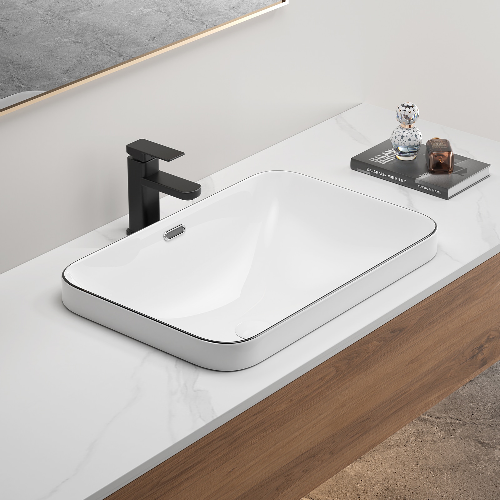 GDFStudio Aurelia 22 in. Modern Ceramic Undermount Bathroom Sink with Overflow Countertop Vanity Basin - White with Black Lines