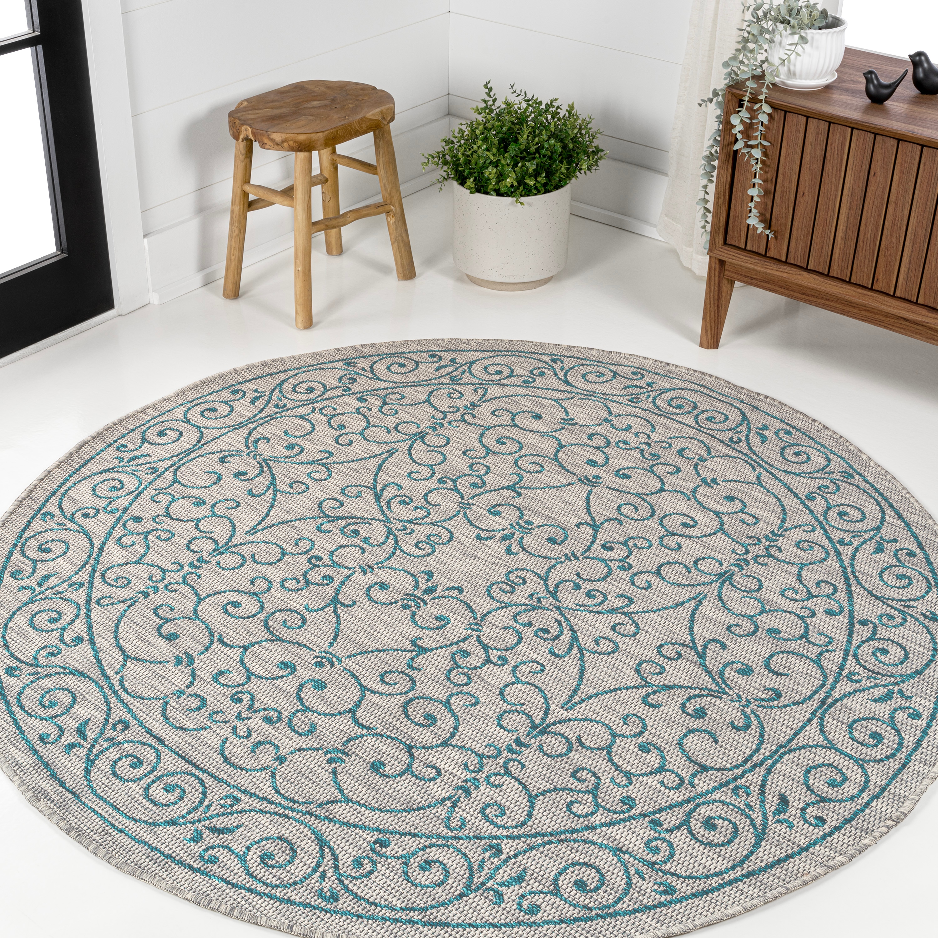 JONATHAN  Y SMB106E-5R SANTA MONICA Charleston Vintage Filigree Textured Weave 5 x 5 (ft) Polypropylene Gray/Teal Round Indoor Medallion Bohemian/Eclectic Area rug