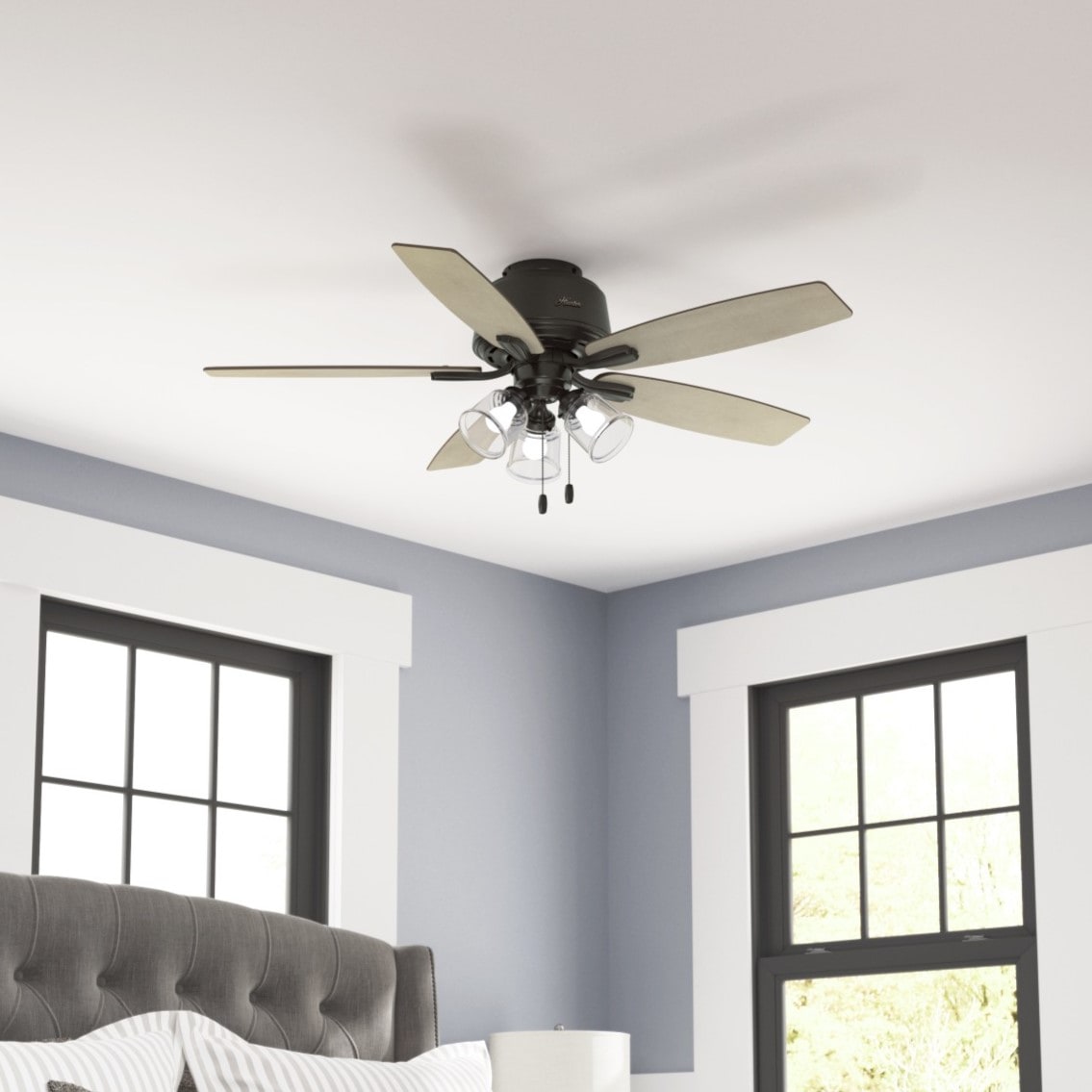 Hunter 50839 Webster 52-in Noble Bronze with Bleached Grey Pine Blades Integrated LED Indoor Flush Mount Ceiling Fan with Light (5-Blade)