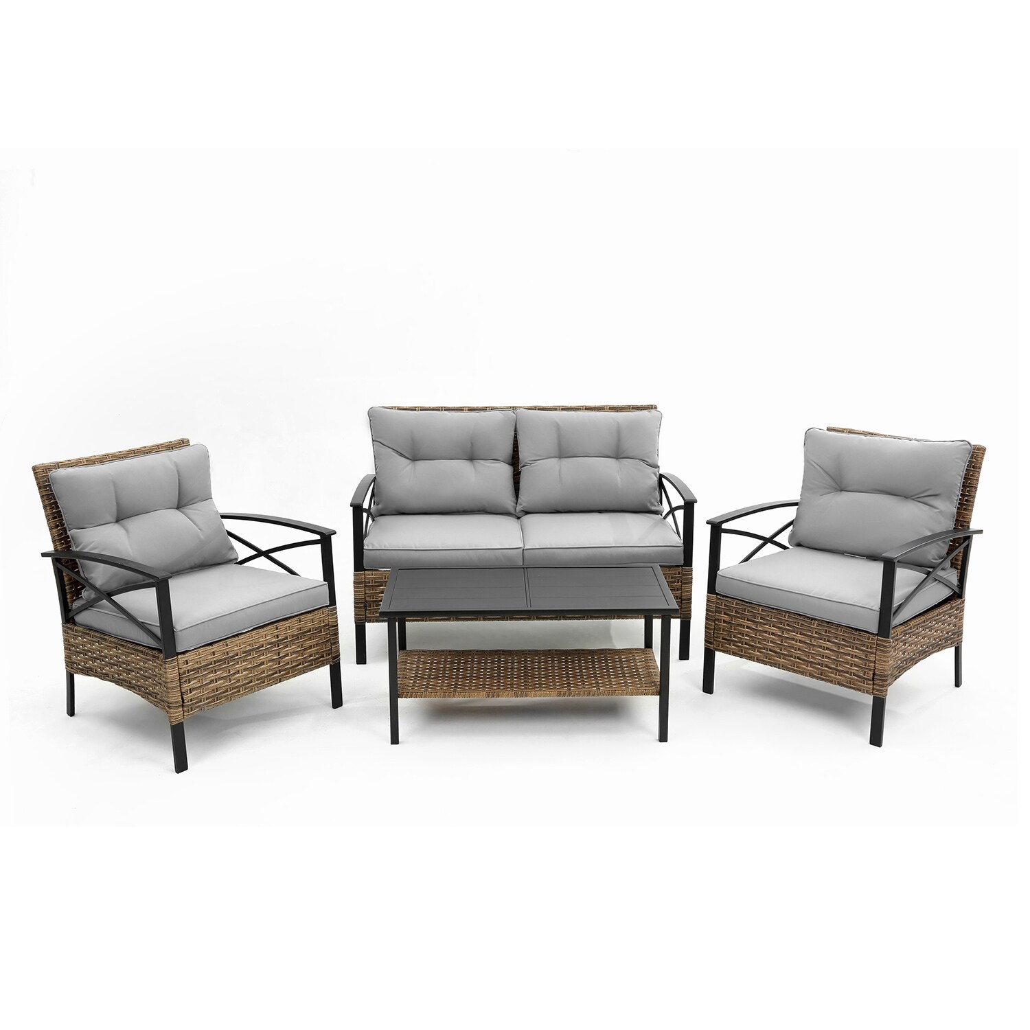 SINOFURN 4-Piece Rattan Patio Conversation Set With Gray Cushions In ...