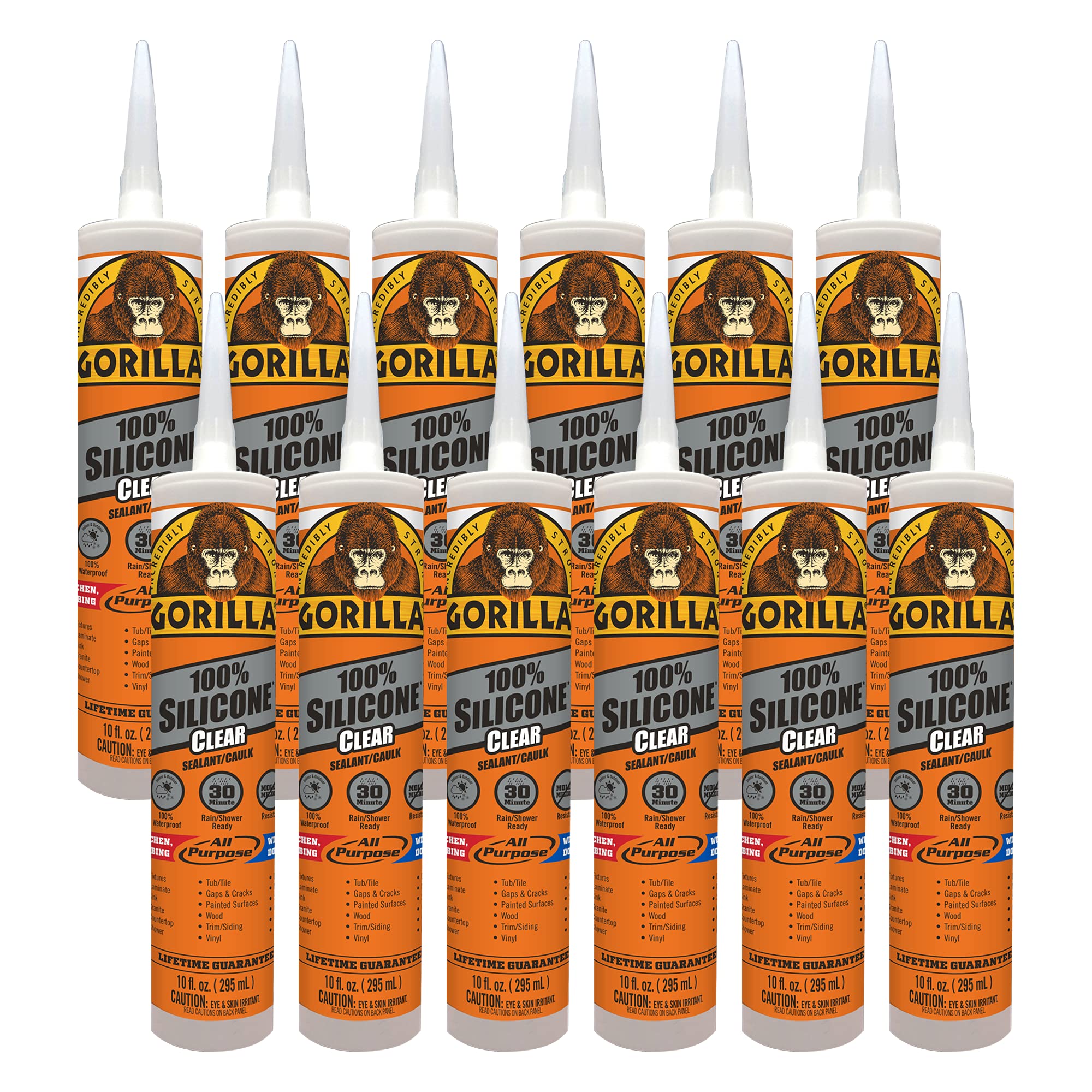 Gorilla Clear 100percent Silicone Sealant Caulk - 10 Ounce Cartridge Clear (Pack of 12) #108311-12