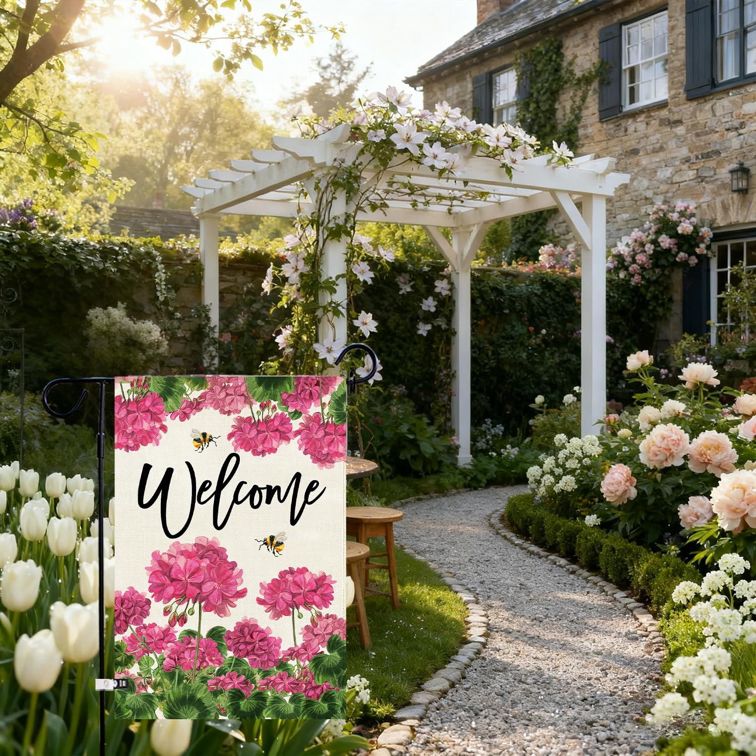 SenQWFa Geranium Welcome Garden Flag Double Sided Burlap Floral Bee ...