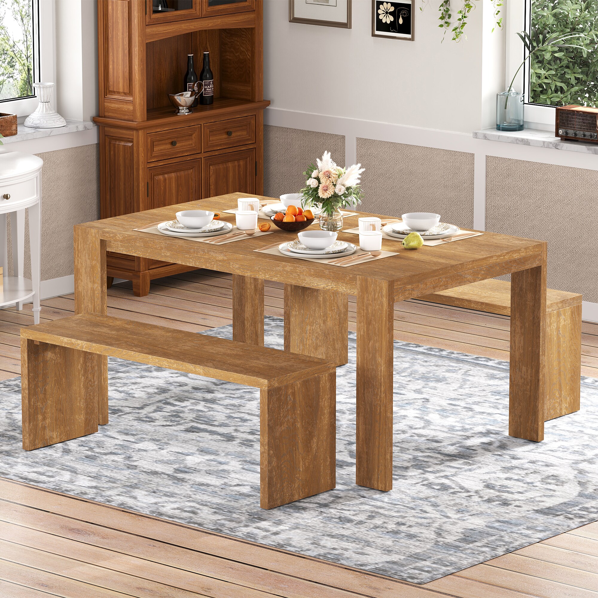 ModernLuxe ST000134AAD 3piece Farmhouse Style Simple Dining Set Dining Table and 2 Benches for Dining Room Kitchen and Living Room Natural Wood Wash