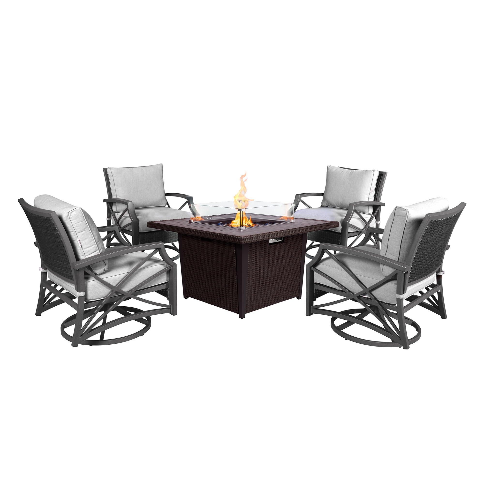 Kinger Home FP-004TBRN-SET-GRY Ethan 5-Piece Rattan Patio Conversation Set with Gray Cushions