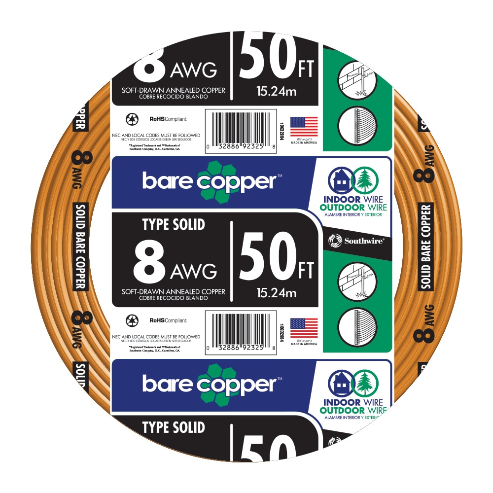 SOFT ANNEALED GROUND WIRE SOLID BARE COPPER 8 AWG 50' FEET 