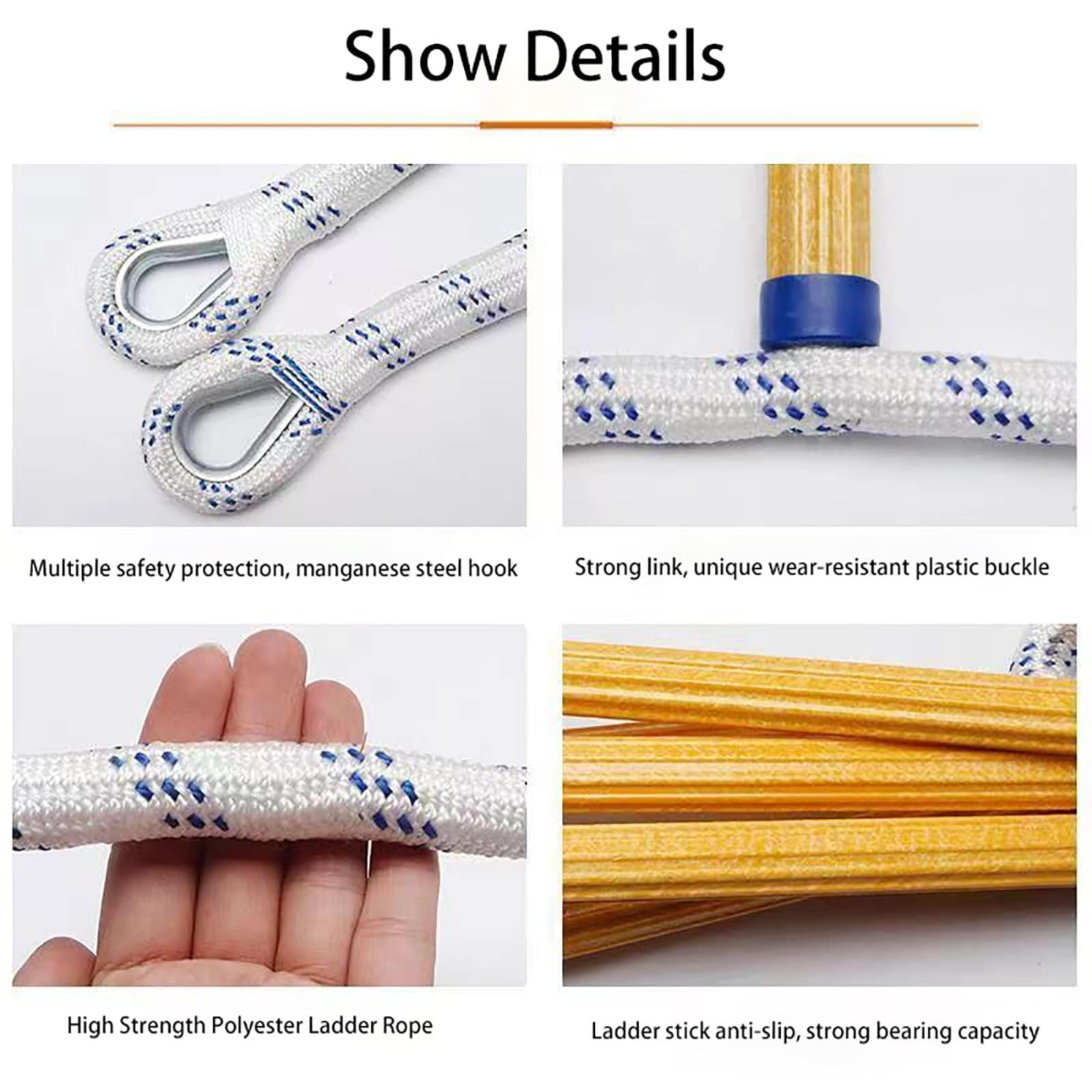 Etokfoks  13 ft Fire Escape Rope Ladder Polyester Material Epoxy Resin Pedals 2000 lb Load Weather Tear Resistant