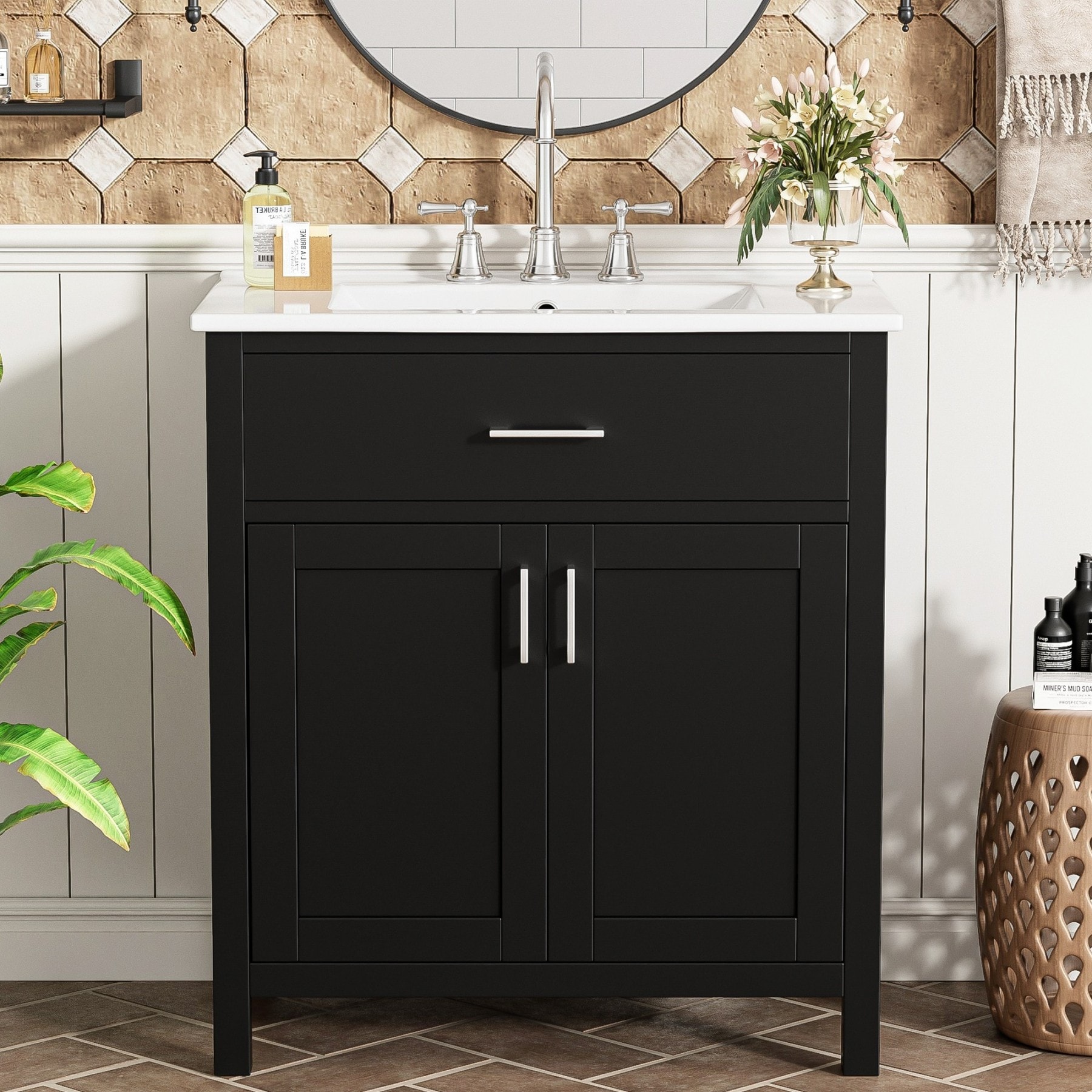 Dexmalle WF530809AAB 30-in Black Freestanding Single Sink Bathroom Vanity with Ceramic Top and Two Doors