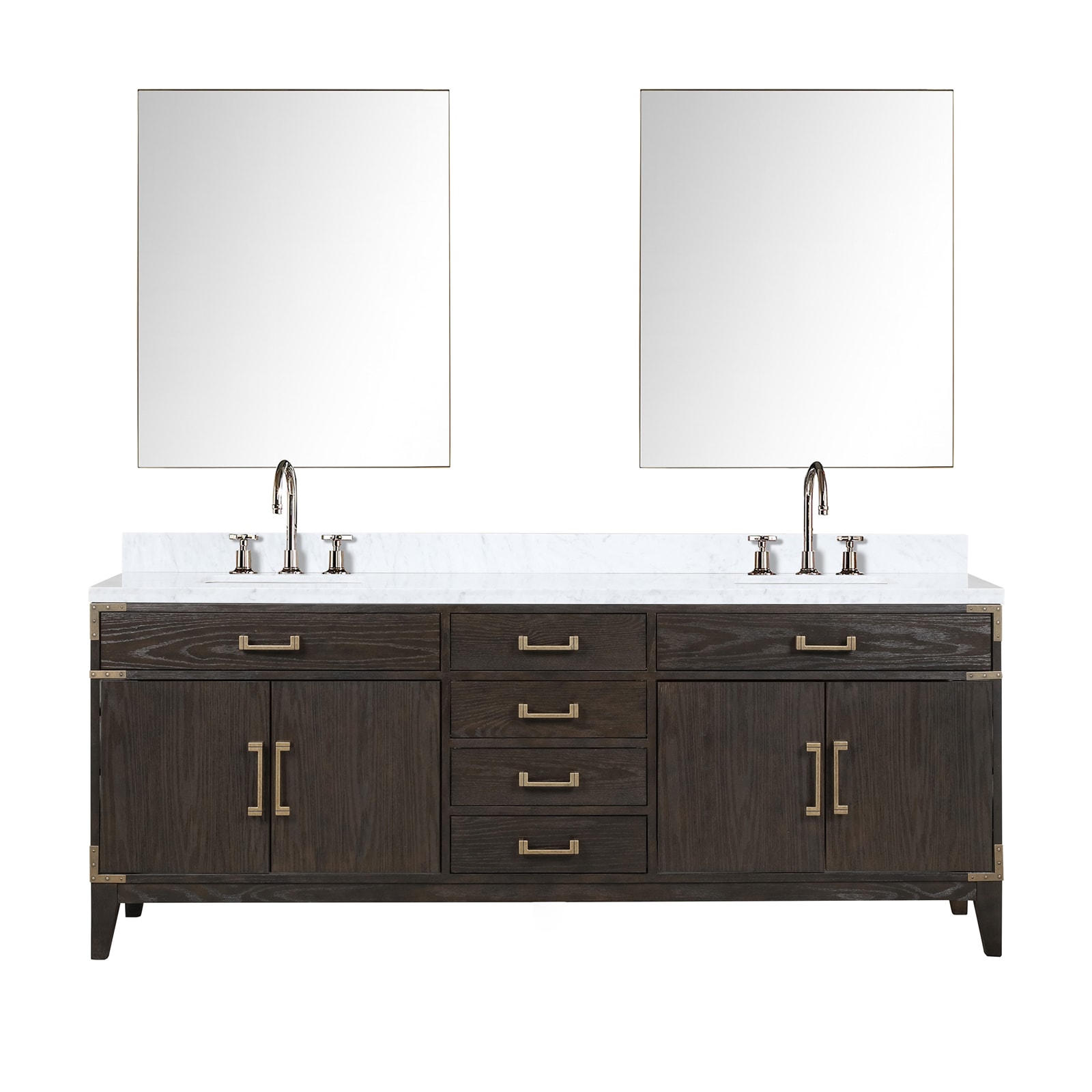 Lexora LVW84DK111 Wilton 84-in Brown Oak Undermount Double sink Bathroom Vanity with White Carrara Marble Marble Top (Mirror Included) (Faucet Included)