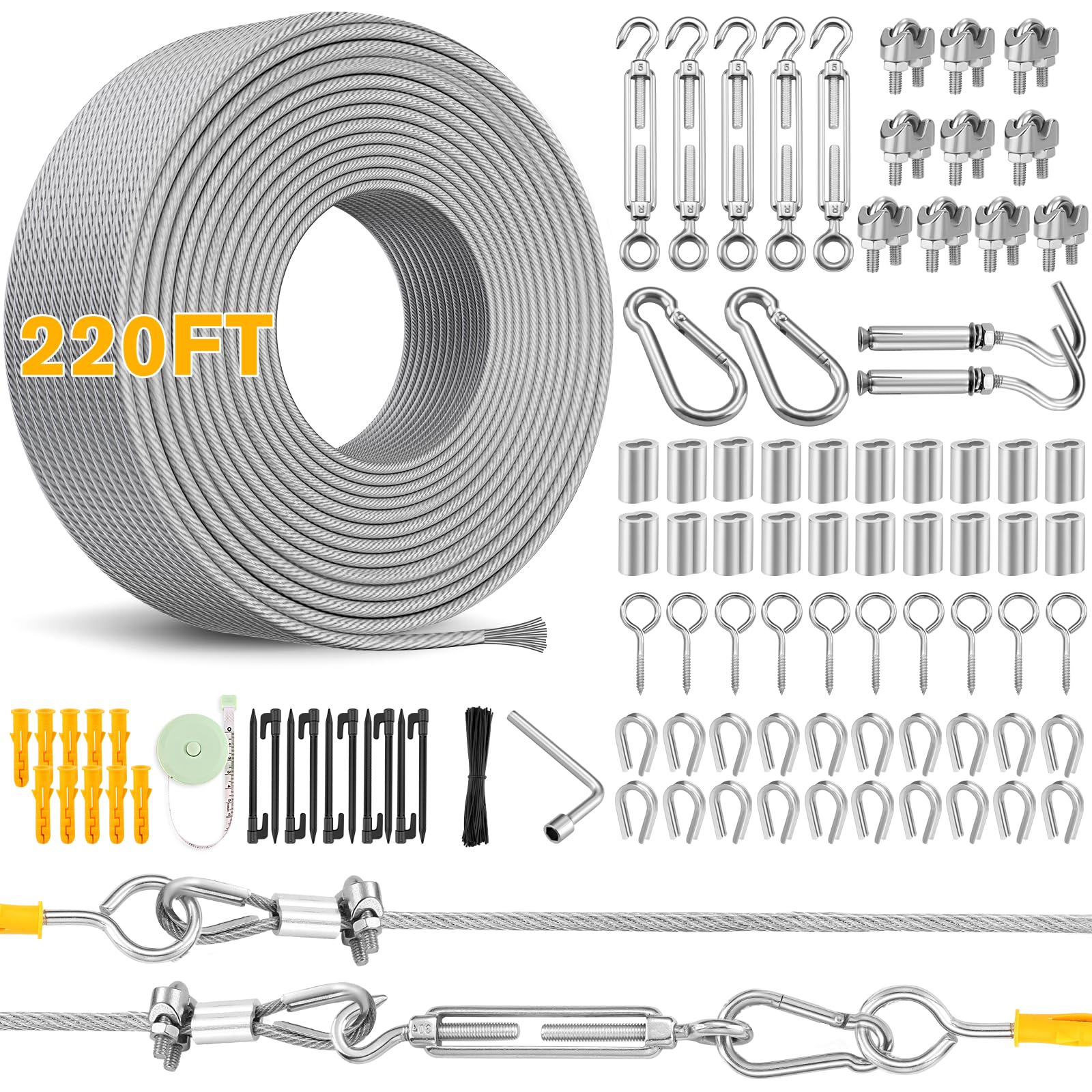 KHKFY KHKFY 220FT Stainless Steel Wire Rope Kit for Outdoor String Lights Garden Trellis Curtain Hanging Clothes Picture Cable with Turnbuckles 192pcs