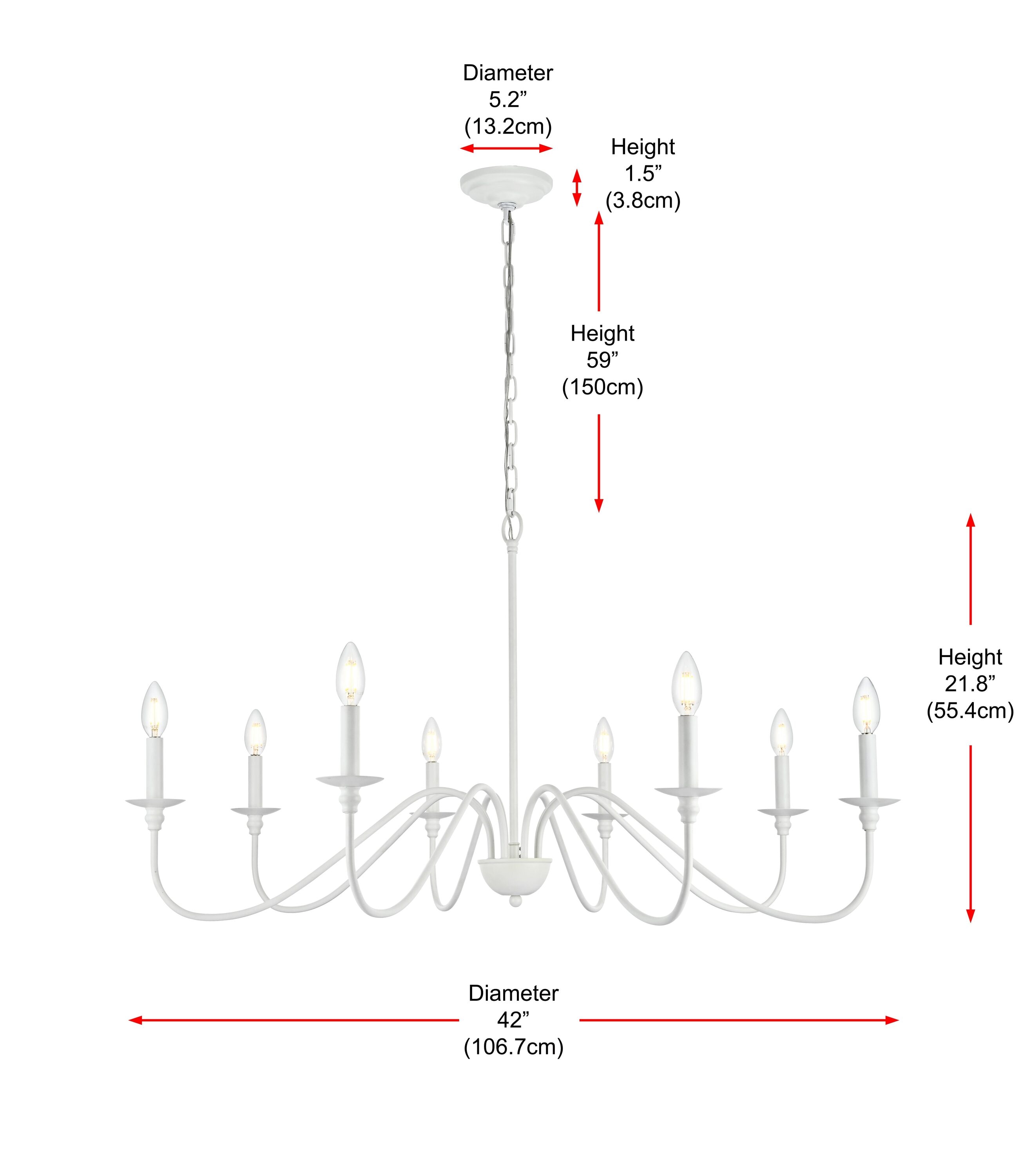 White 42" 8-Light Metal Chandelier with Adjustable Chain