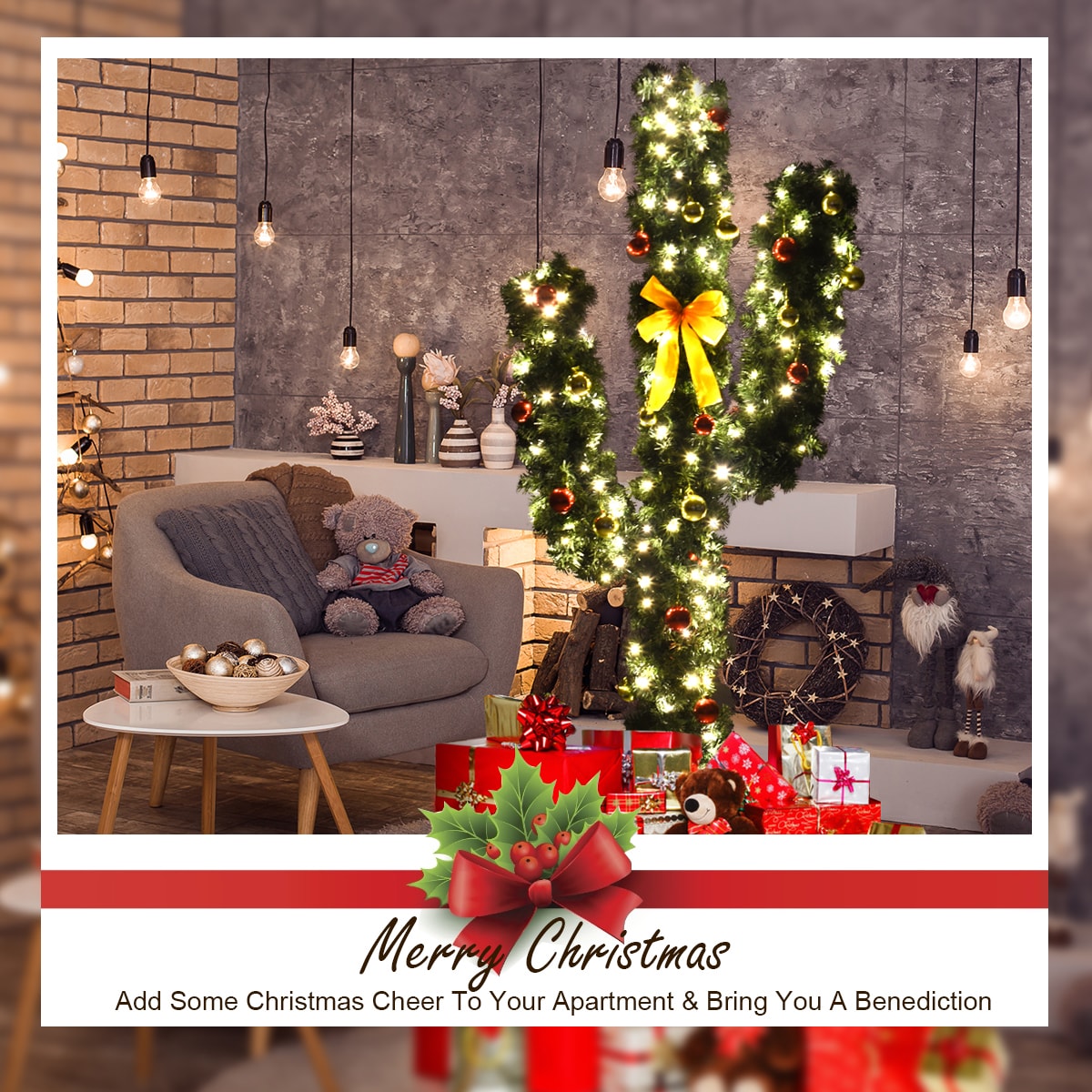 6-Foot Pre-Lit Green PVC Cactus Christmas Tree with LED Lights and Ornaments