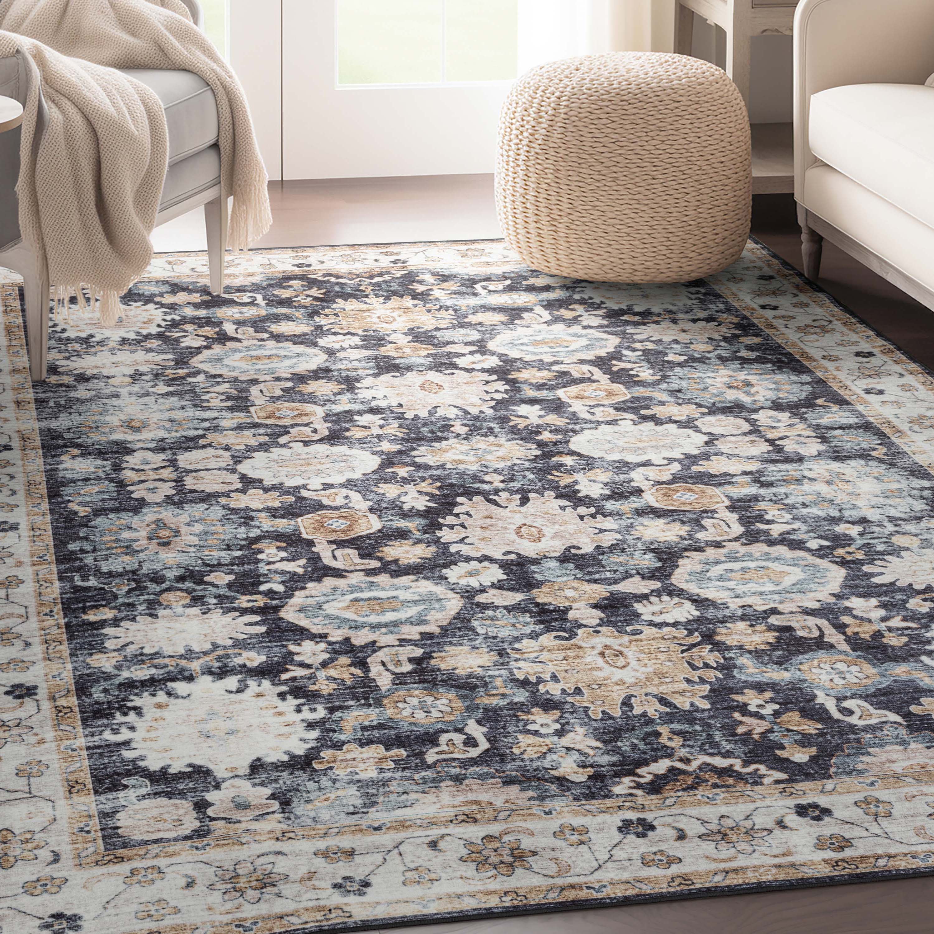 Well Woven EBP-33-5 Elle Basics 5 x 7 (ft) Flatweave Polyester Black Rectangular Indoor Floral/Botanical Oriental Area rug