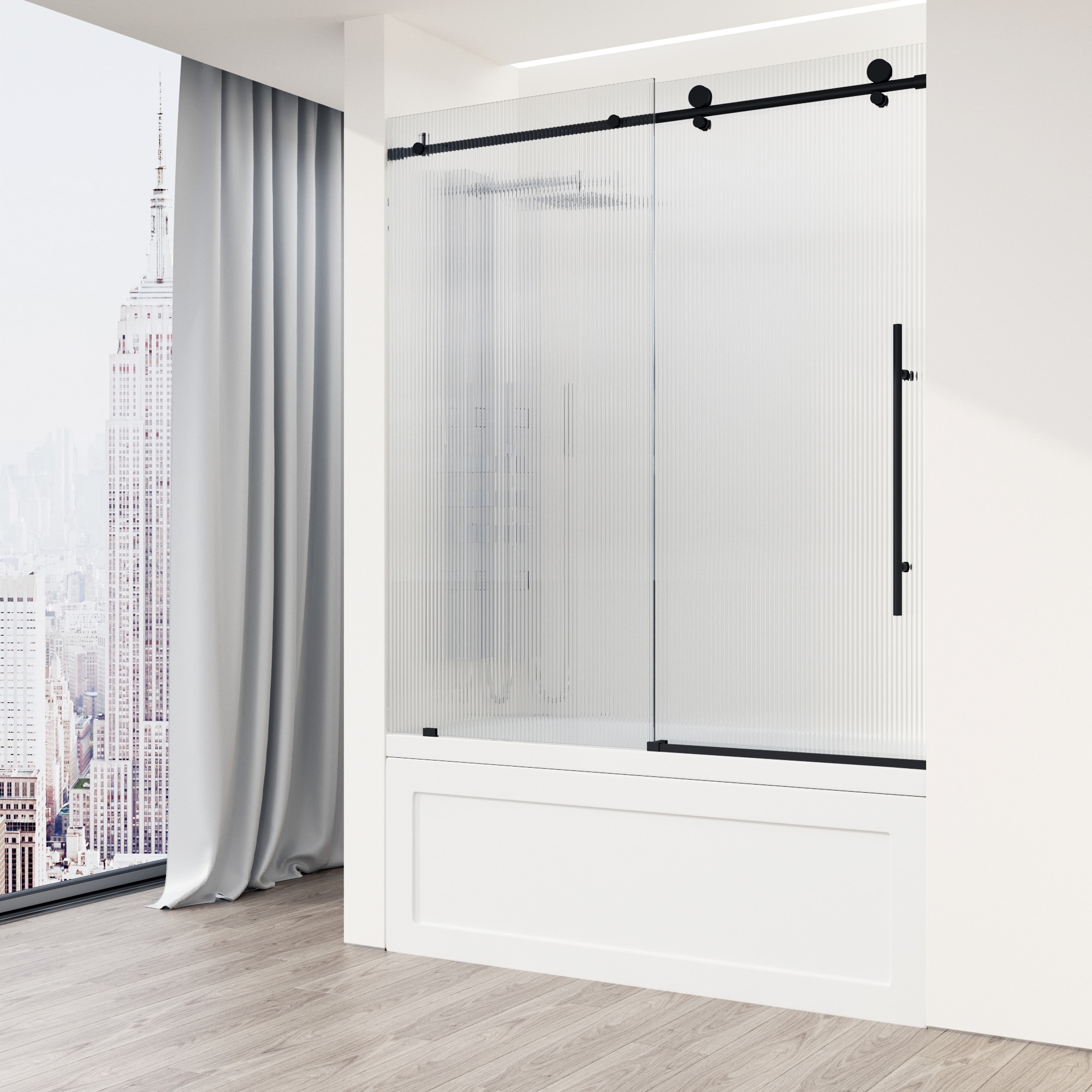 Elan E-Class 60" Matte Black Frameless Sliding Tub Door with Fluted Glass