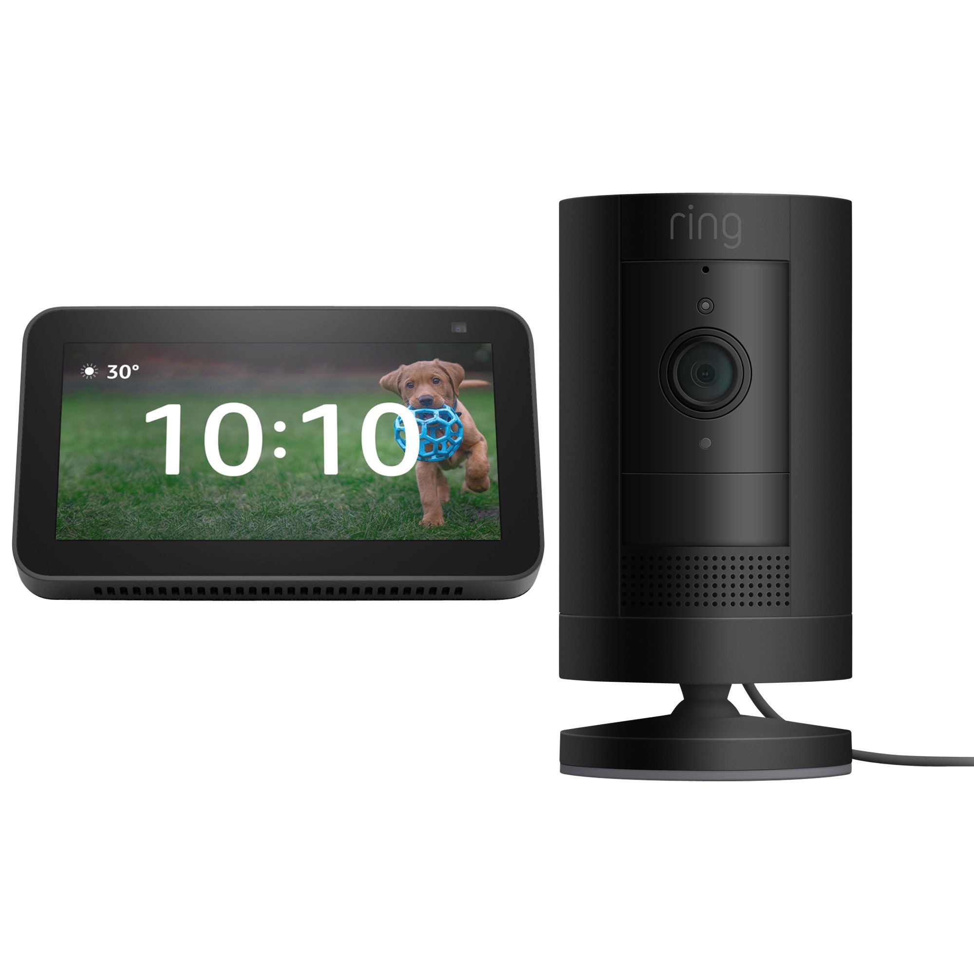 Ring Stick Up Camera Plug-in - Black + Amazon Echo Show 5 - Black Bundle