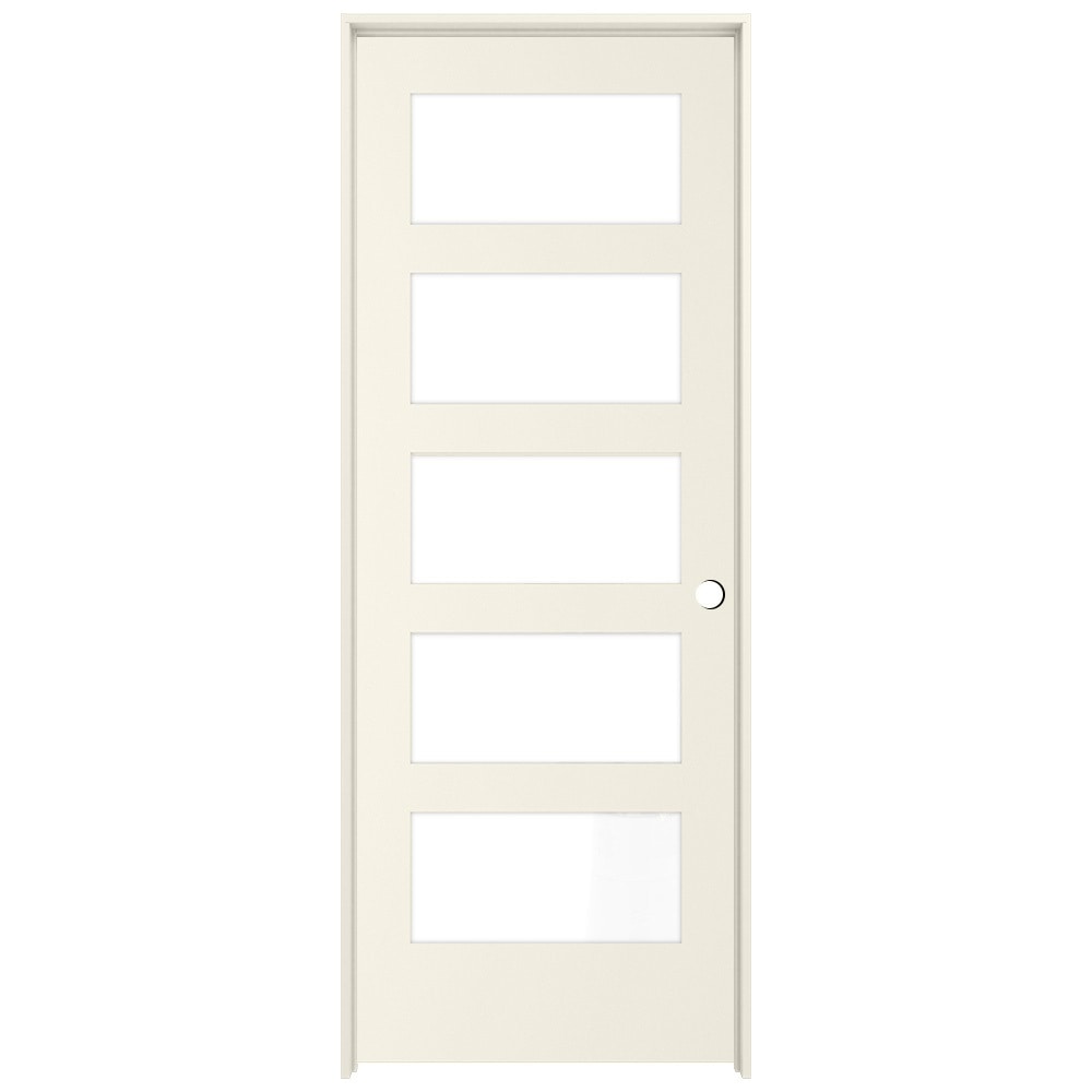 RELIABILT LO1370518 24-in x 80-in Moonglow Solid core 5-panel equal Frosted glass Left hand Smooth Prefinished Pine Wood Flat Jamb Single Prehung Interior Door