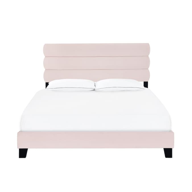 Homefare Queen One Box Velvet Slat Bed, Pink Upholstered Queen Bed