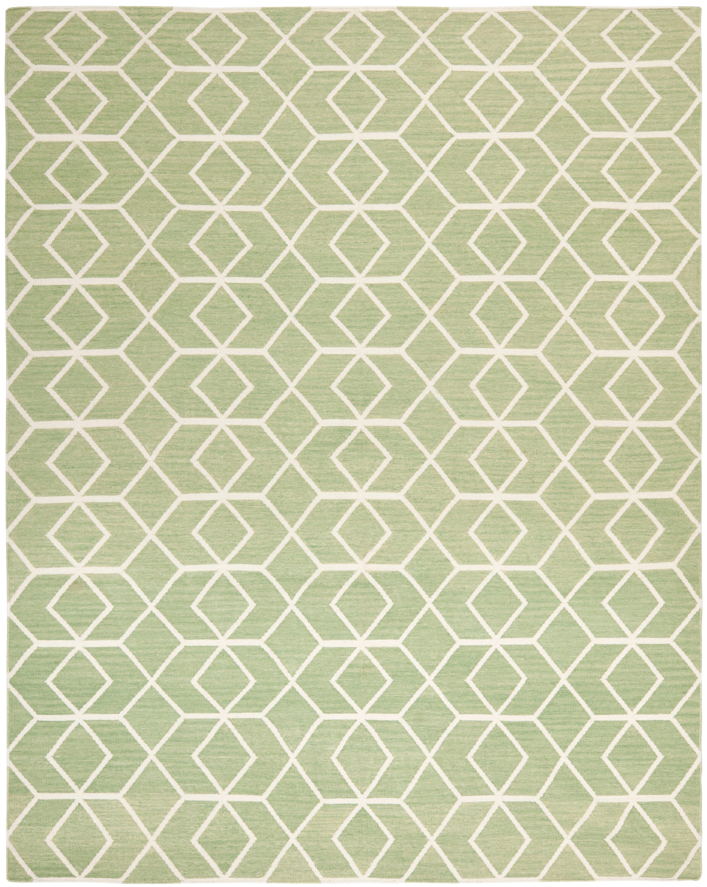 Sage and Ivory Geometric Wool Flatweave Rug, 8' x 10'