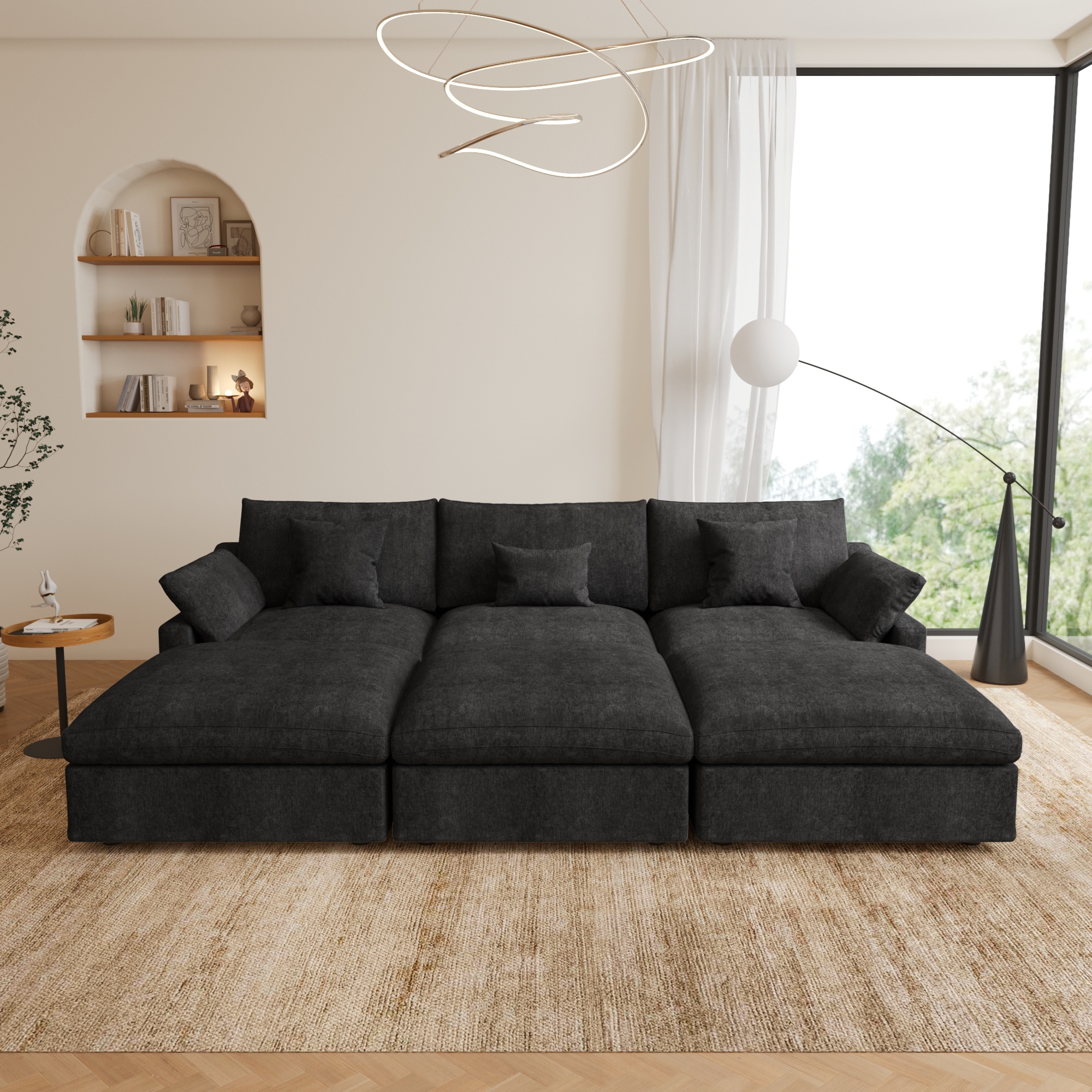 BuotiqHom DH-S3+3-140BK 119-in Modern Black Linen 6+ -seater Sectional