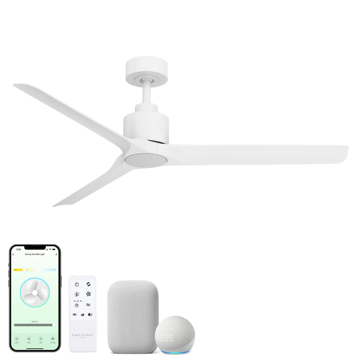 East Grove Home Delta 52in 3-Blade Smart Ceiling Fan or Flush Mount Fan 2700K-6000K CCT Tunable Range LED Light Kit with White Hardware in White Blades Works With iOS or Android App