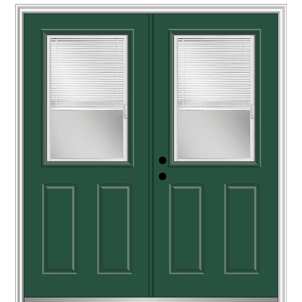 MMI DOOR ZZ04336R 72-in x 80-in x 4-9/16-in Fiberglass Half lite Right-hand inswing Hunter Green Painted Prehung Double Front Door with Brickmould Insulating core with Blinds